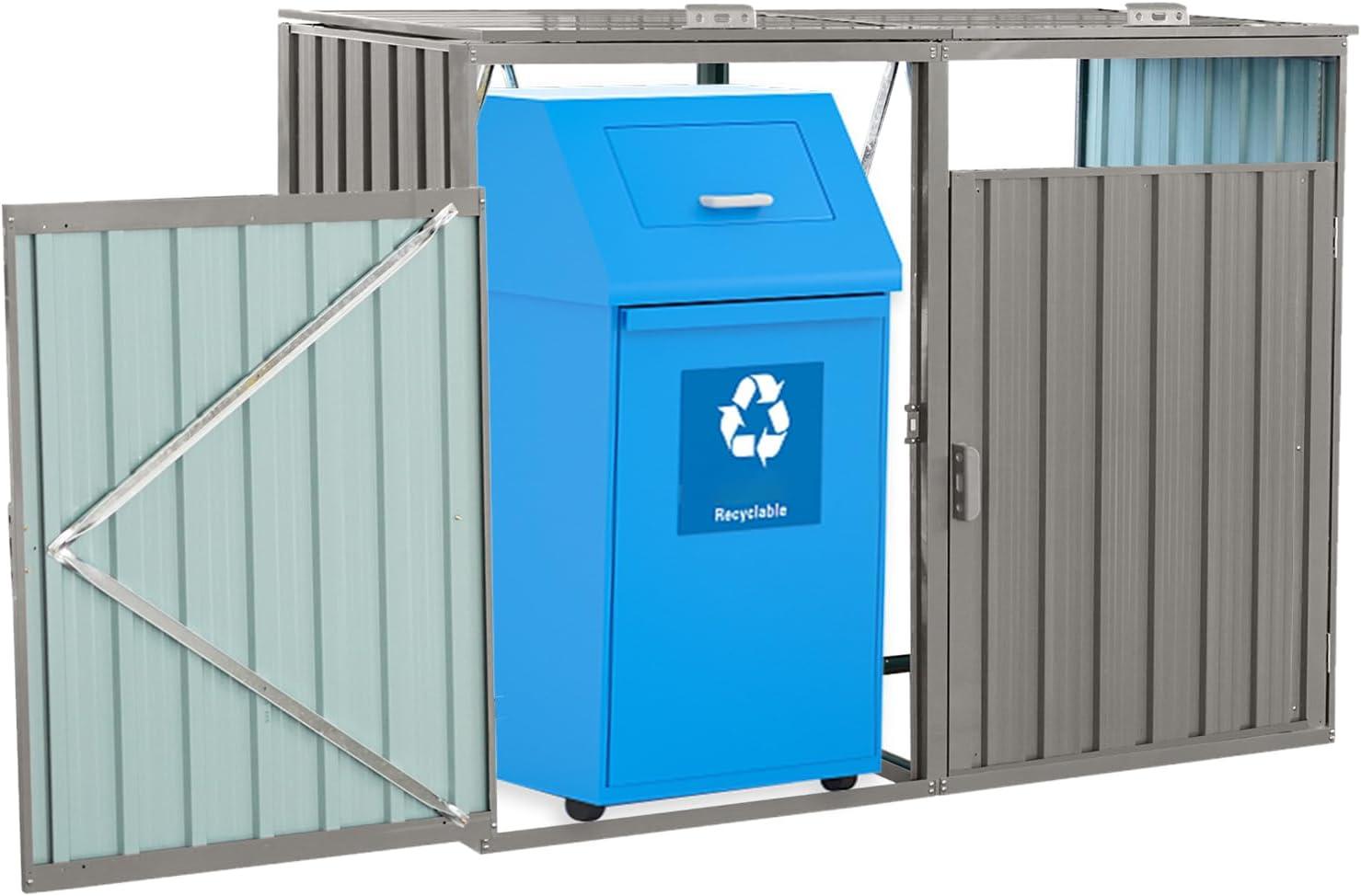 HLILish Garbage Bin Shed Stores 3 Trash Cans Metal Outdoor Bin Shed For Garbage Storage,Stainless Galvanized Steel, Bin Shed For Garden Yard Lawn