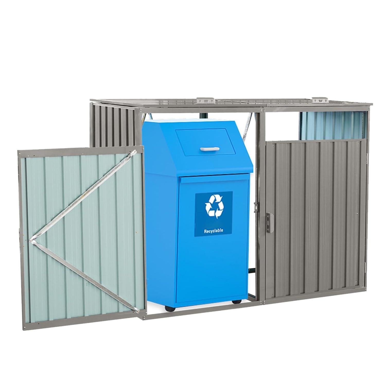 KAQCVIN Garbage Bin Shed Stores 2 Trash Cans Metal Outdoor Bin Shed