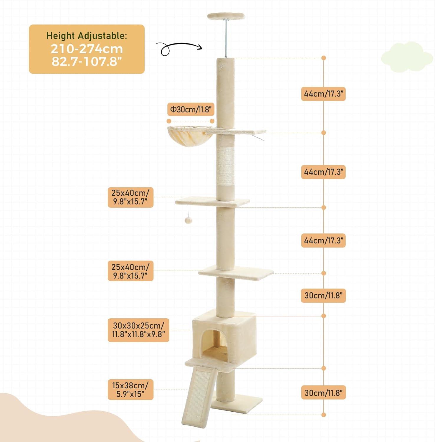 Adjustable Height Floor To Ceiling 5-Tier Tall Cat Tree Tower For Indoor Cats With Cat Condo, Cat Scratching Post And Cat Ladder