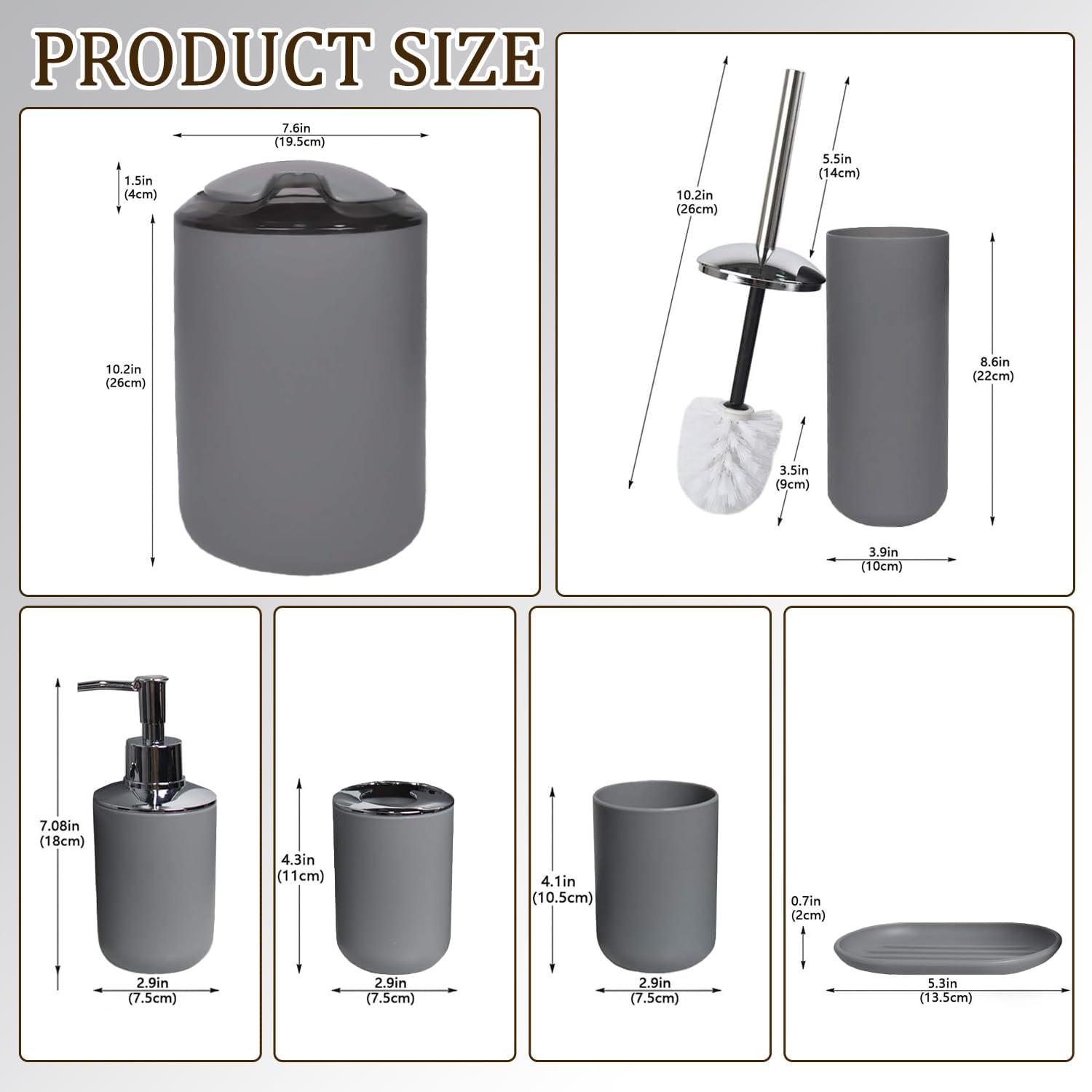 CERBIOR Bathroom Accessories Set Bath Ensemble Includes Soap Dispenser, Toothbrush Holder, Tumbler, Soap Dish for Decorative Countertop and Housewarming Gift (Grey)