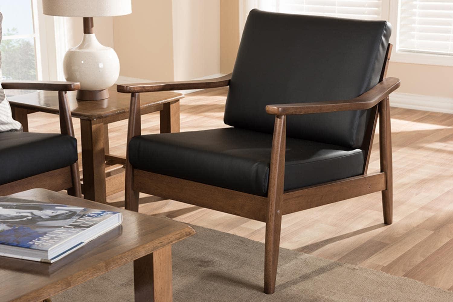 Venza Mid Century Modern Walnut Wood Faux Leather Lounge Chair Black - Baxton Studio: Indoor Armchair, Rubberwood Frame