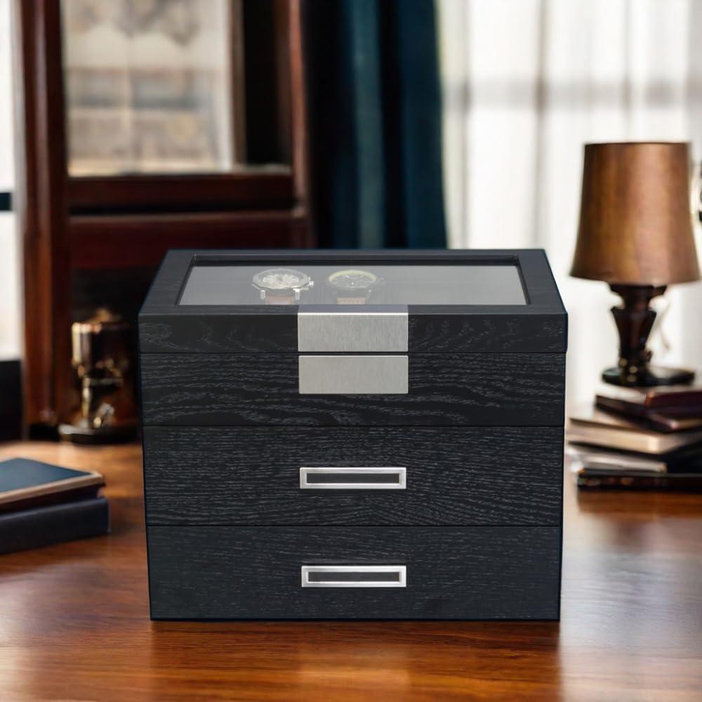 Black Ebony Wood Watch Display Case with Glass Top and Drawers