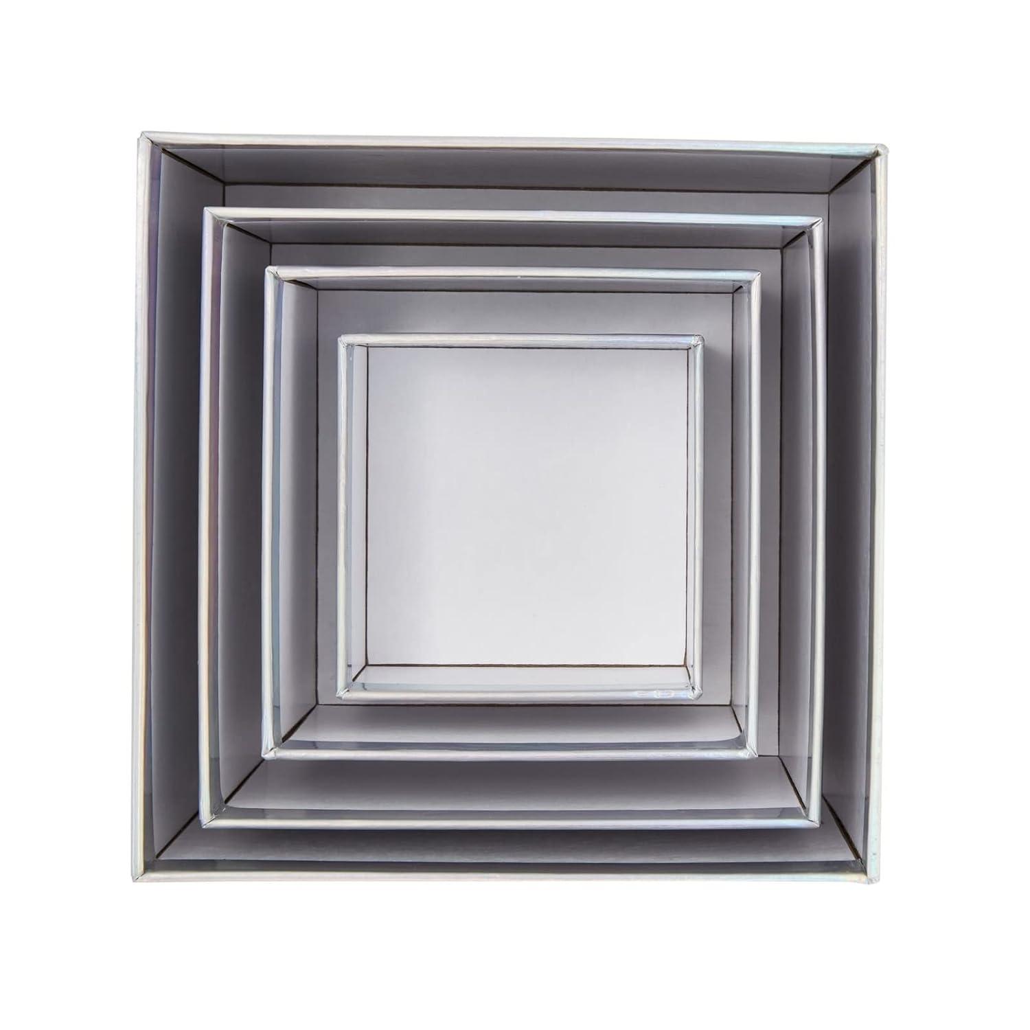 Stockroom Plus Set of 4 Sizes Square Nesting Gift Boxes with Lids for Presents, Decorative Goodie Box for Holidays, Holographic Silver
