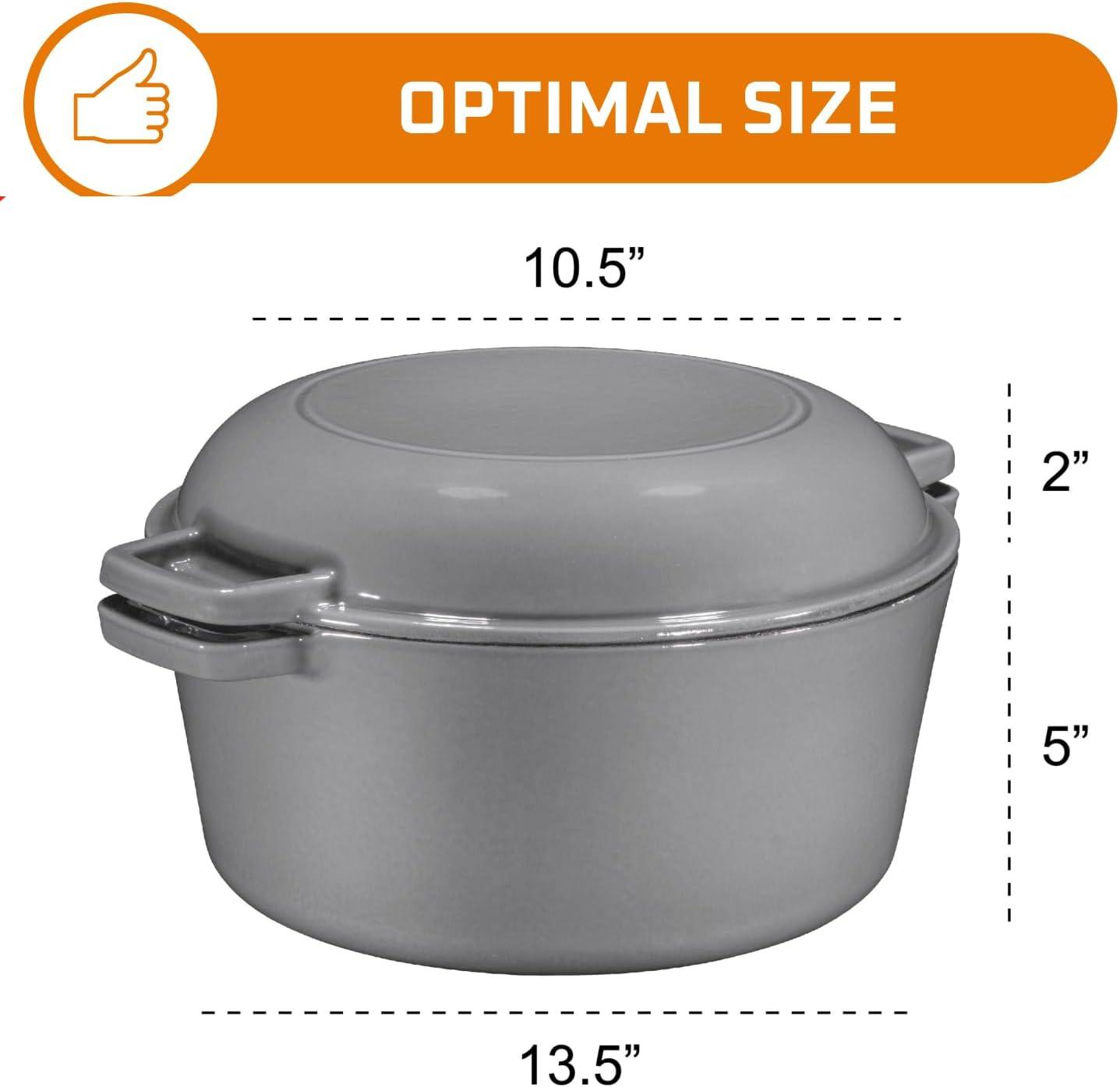 Bruntmor 2-in-1 Gray Enamel Cast Iron Dutch Oven & Skillet Set, 5 Quarts | All-in-One Cookware for Induction, Electric, Gas, Stovetop & Oven