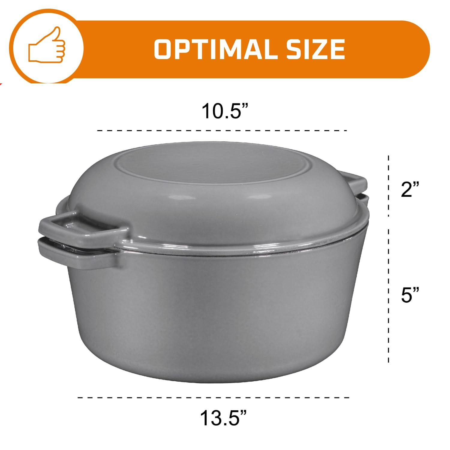 Bruntmor 2-in-1 Gray Enamel Cast Iron Dutch Oven & Skillet Set, 5 Quarts | All-in-One Cookware for Induction, Electric, Gas, Stovetop & Oven