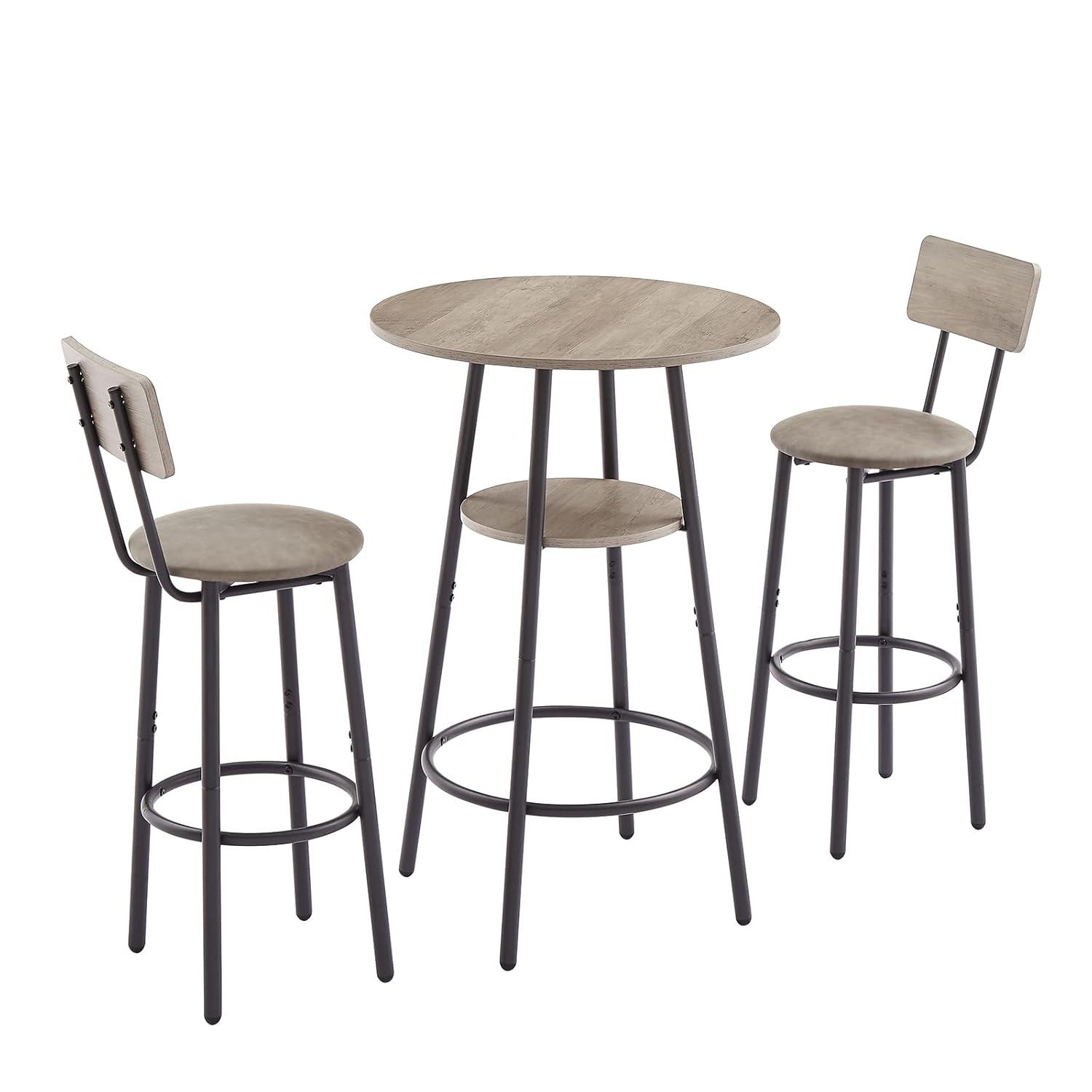 Kitchen Bar Table Set, 3-Piece Bar Table Set for Kitchen, Round Dining Room Set with 2 Upholstered Chairs, Gray Table and Chairs Dining Set for Pub Bistro Restaurant