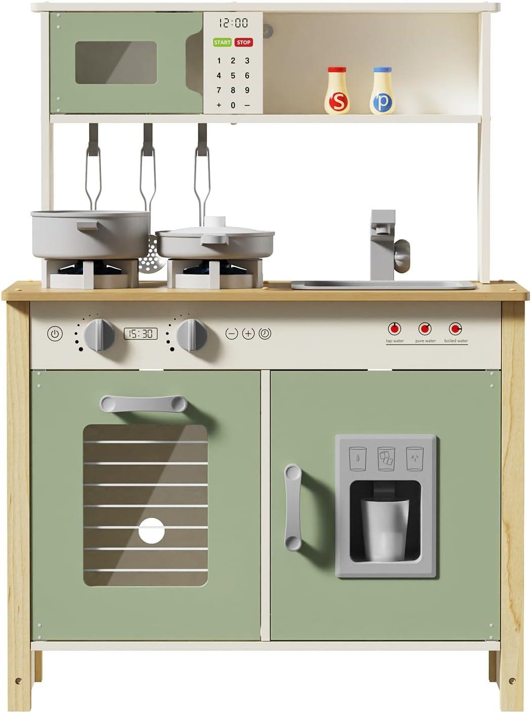 Wooden Kitchen Playset for Kids Ages 3+ with Realistic Lights, Sounds, Stove, Sink, Oven, and Accessories, Toys Kitchen Small Pretend Play Kitchen for Toddlers (Green)