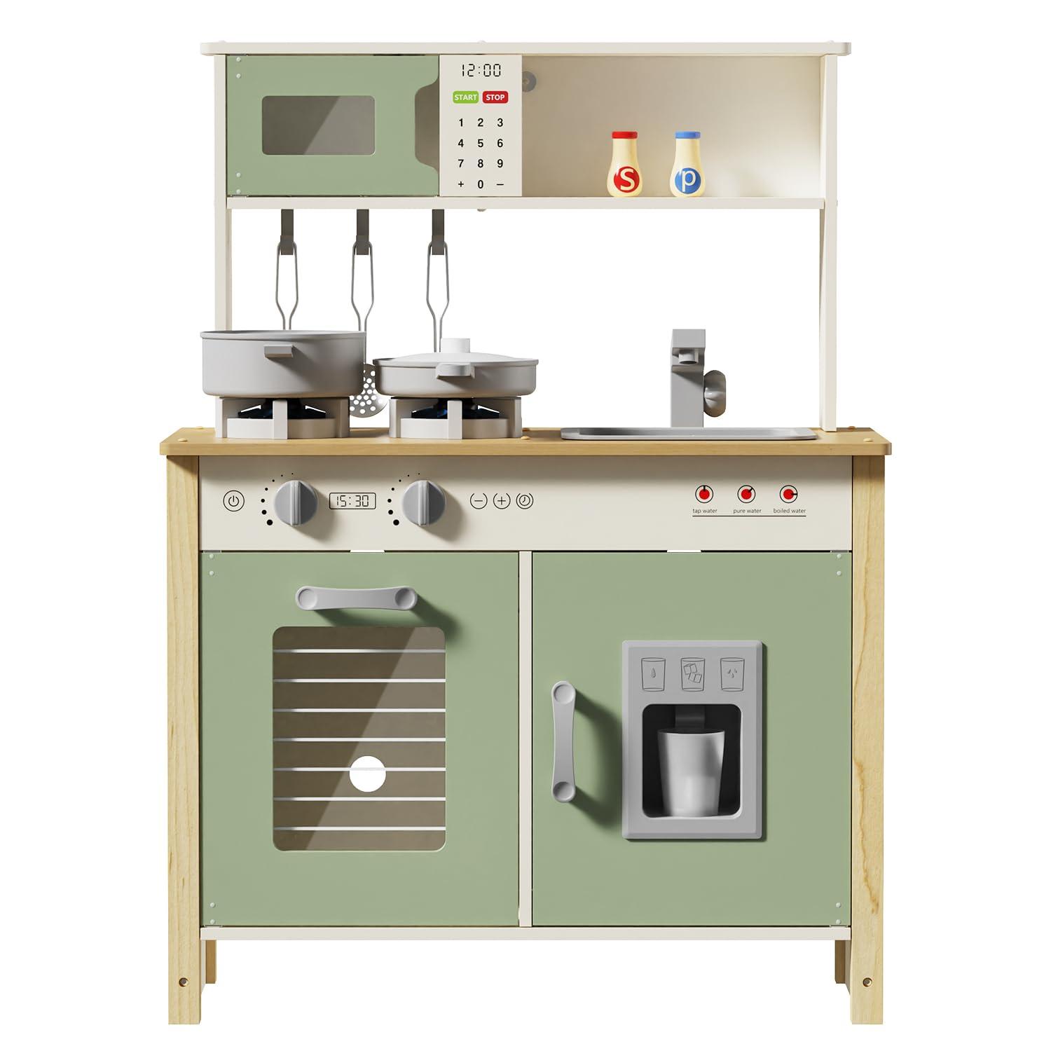 Wooden Kitchen Playset for Kids Ages 3+ with Realistic Lights, Sounds, Stove, Sink, Oven, and Accessories, Toys Kitchen Small Pretend Play Kitchen for Toddlers (Green)