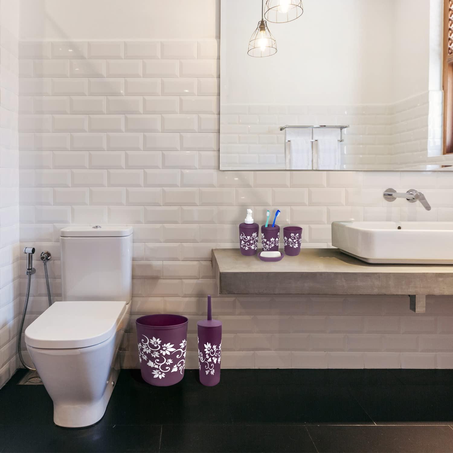 Blue Donuts Bathroom Accessories Set Complete, Toilet Brush and Holder, Trash Can, Toothbrush Holder, Purple, 6 Pieces