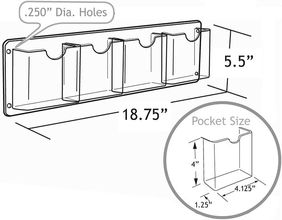 Azar Displays Four Pocket Tri-Fold Wall Rack. Clear Acrylic Wall Mount Brochure Holder for Tri-Fold Size Pamphlets, Horizontal Alignment. Overall Size: 19.5"W x 5.5"H, 2-Pack (Set of 2)