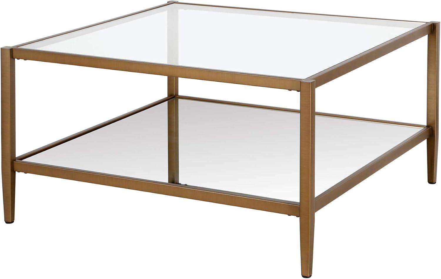 Evelyn&Zoe Hera 32" Wide Square Coffee Table with Mirror Shelf, Antique Brass