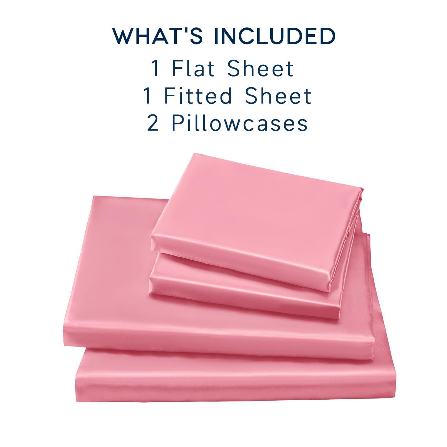 Homiest 4pcs Satin Sheets Set Luxury Silky Satin Bedding Set with Deep Pocket, 1 Fitted Sheet + 1 Flat Sheet + 2 Pillowcases (Queen Size, Blush Pink)