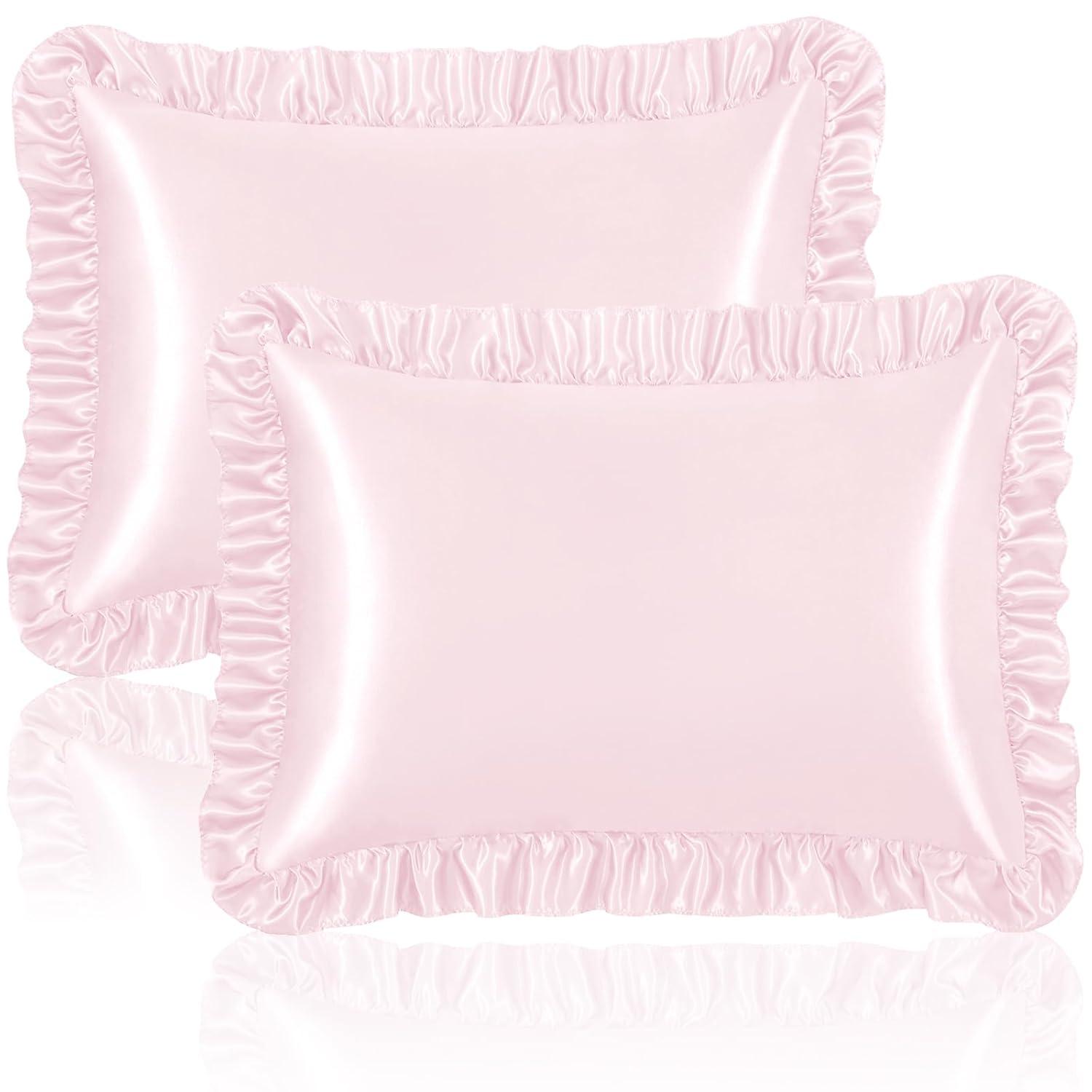 SiinvdaBZX Ruffled Queen Satin Pillowcase Set of 2, Blush Pink Silky Satin Pillow Cases for Women Ruffle Pillow Shams Covers Princess Room Decoration, with Envelope Closure