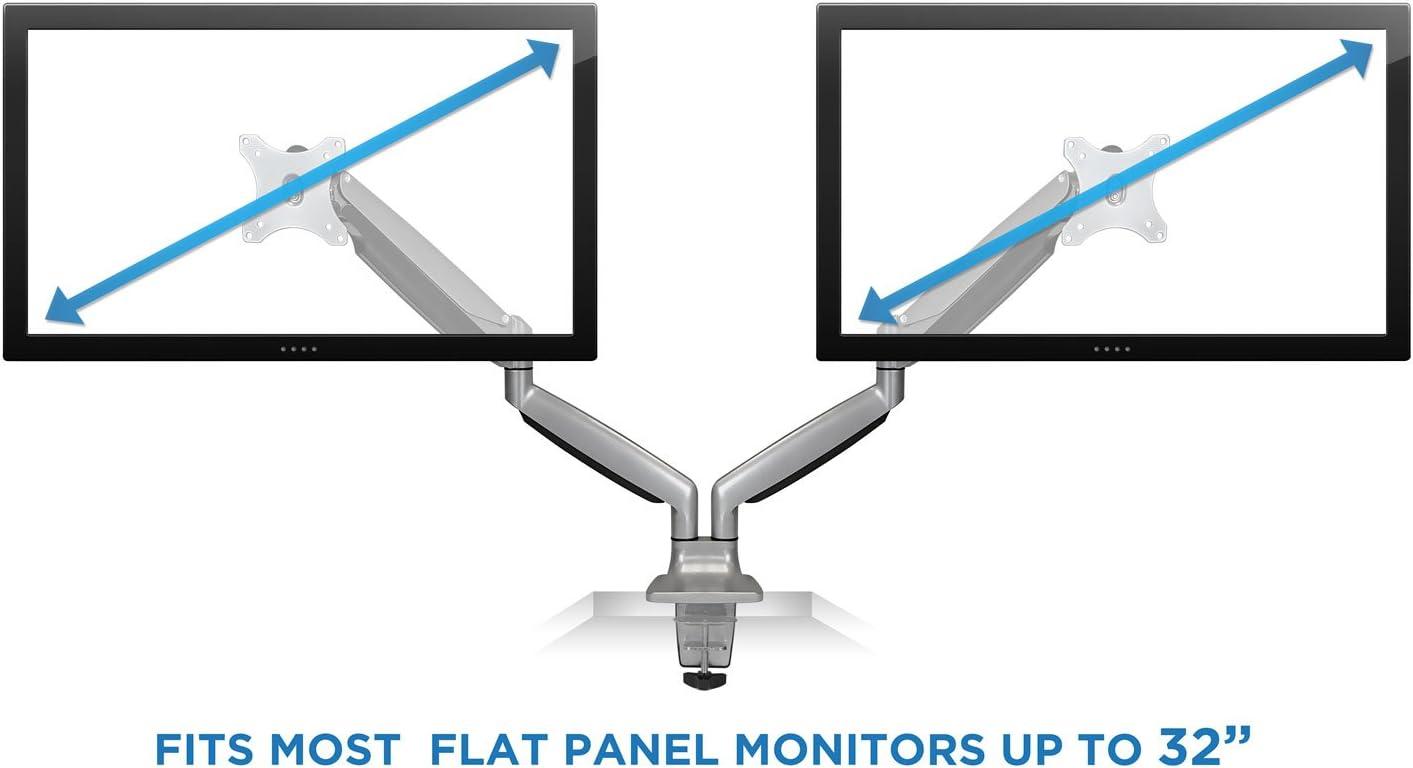 Mount-It! Dual Monitor Arm Mount Desk Stand Two Articulating Gas Spring Height Adjustable Arms | Fits Up To 32" | C-Clamp and Grommet Bases | Silver