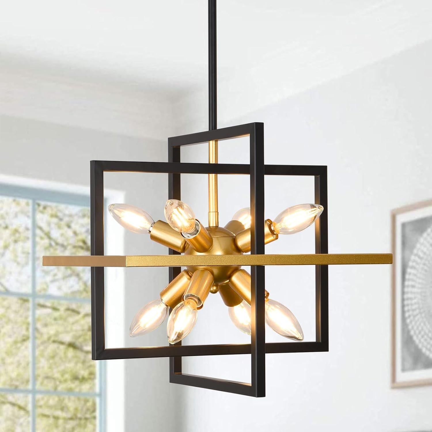 Modern Black and Gold Chandelier, 8-Light Geometric Pendant Light Fixture, Dining Light Fixtures Adjustable Chandelier for Dining Room Entryway Foyer Hallway Bedroom Living Room Kitchen Island