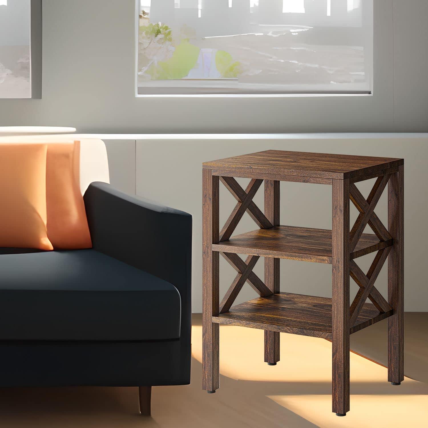 Jofran, Global Archive Solid Wood Rustic Modern X-Side Accent Table with Two Shelves, Red