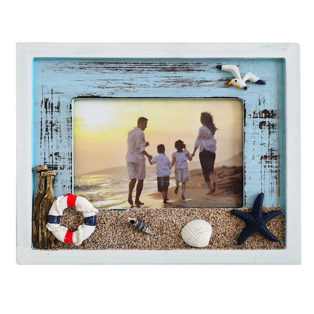 MUAMAX Beach Picture Frames 4 x 6 Ocean Photo Frame 4 by 6 Distressed Wooden Weathered Frames Coastal Frames Nautical Photo Stand Kids Gifts