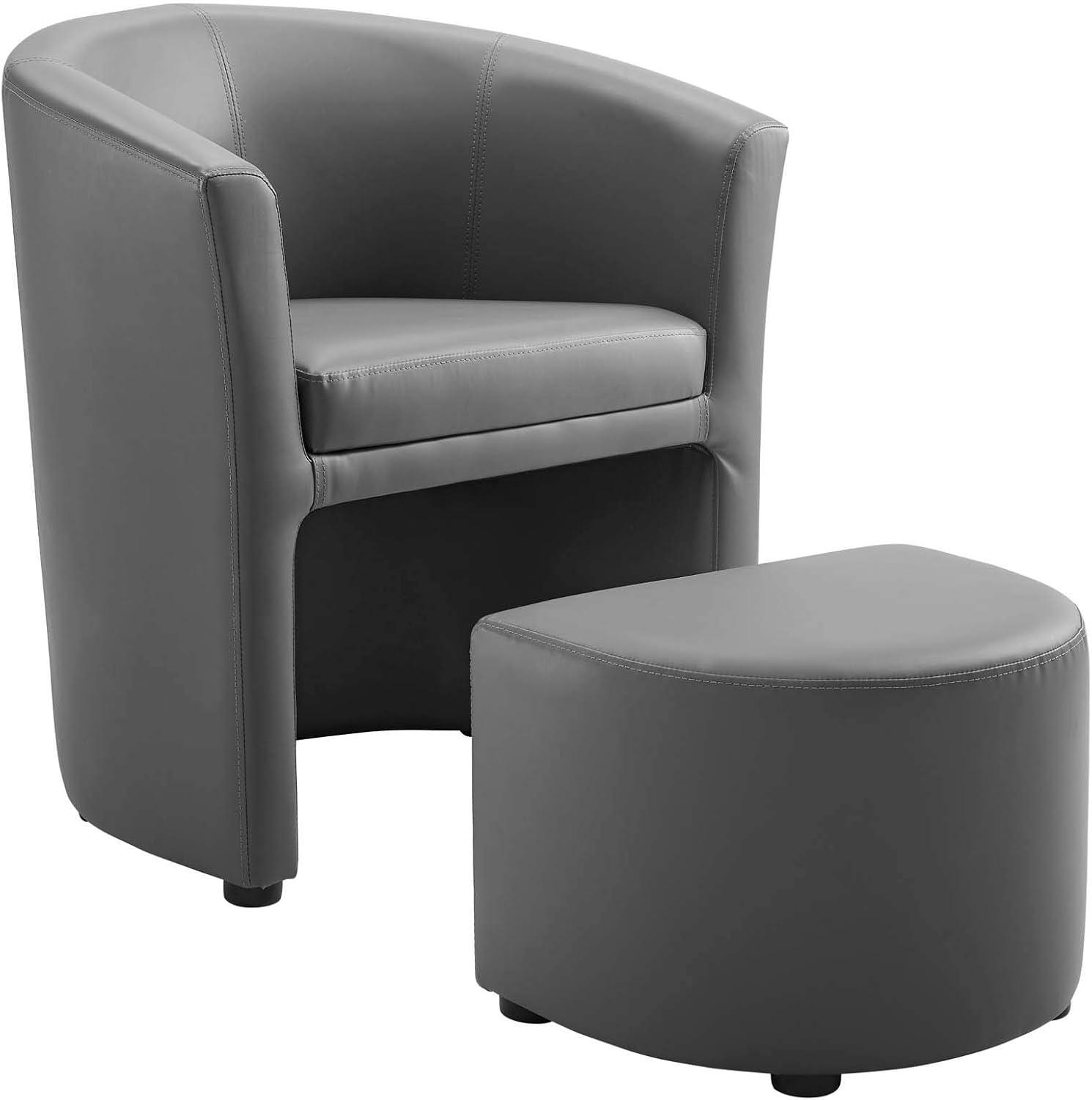 Streamlined Gray Faux Leather Barrel Armchair with Ottoman