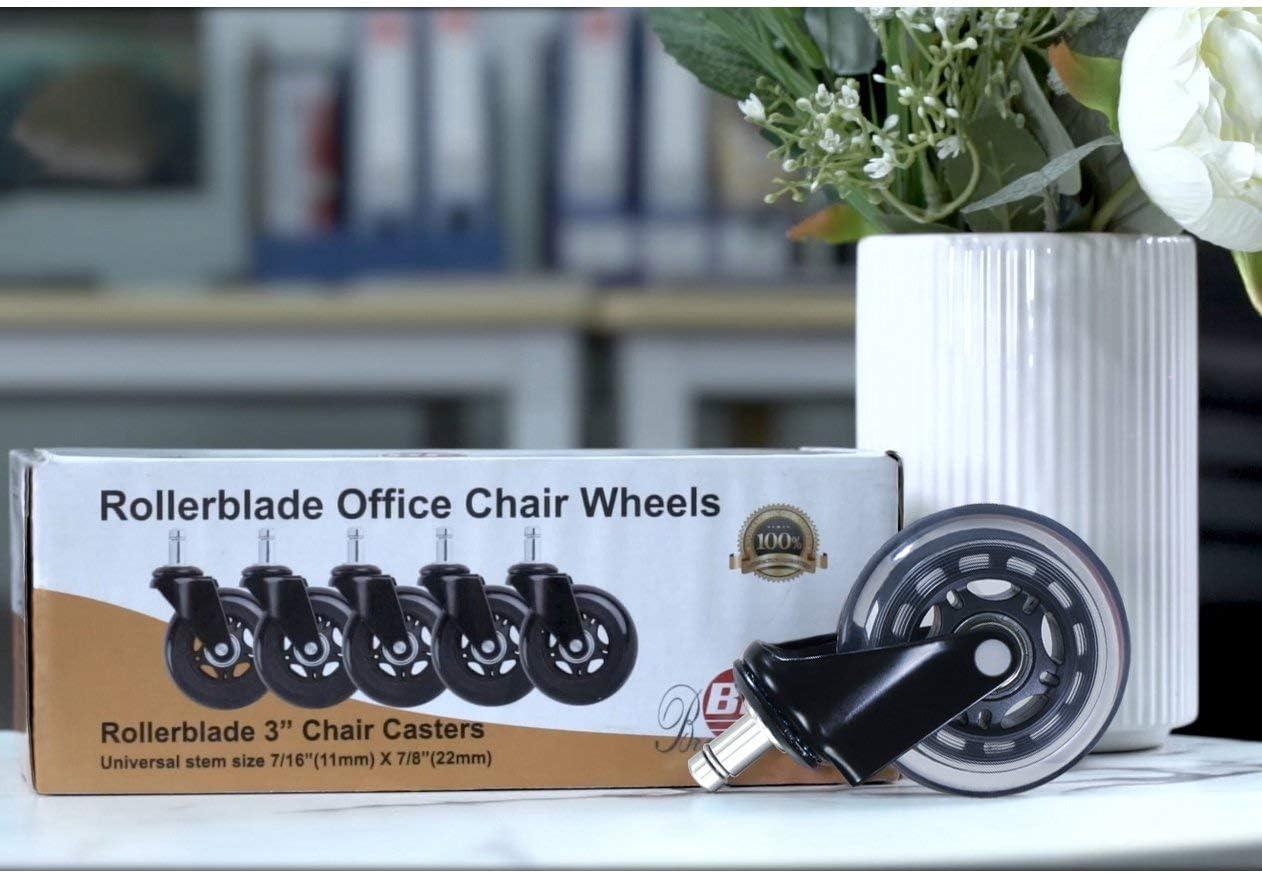 Office Chair Caster Wheels Set of 5 Heavy Duty & Safe for All Floors Including Hardwood 3" Rubber Replacement for Desk Floor Mats