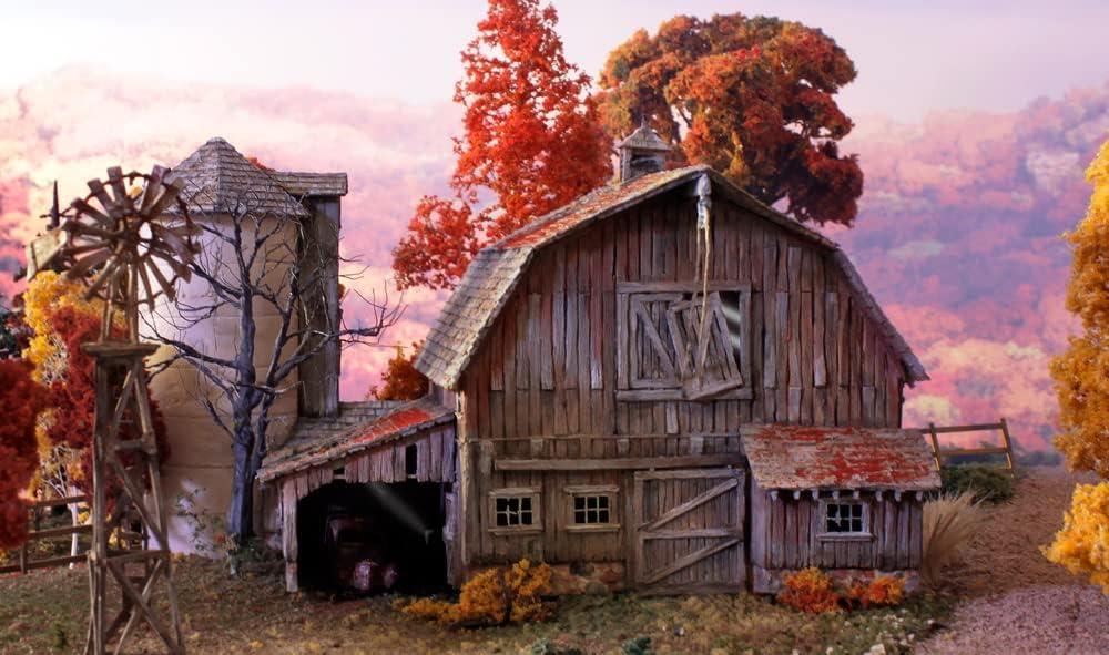 HO Scale Weathered Brown Wooden Barn with Concrete Silo