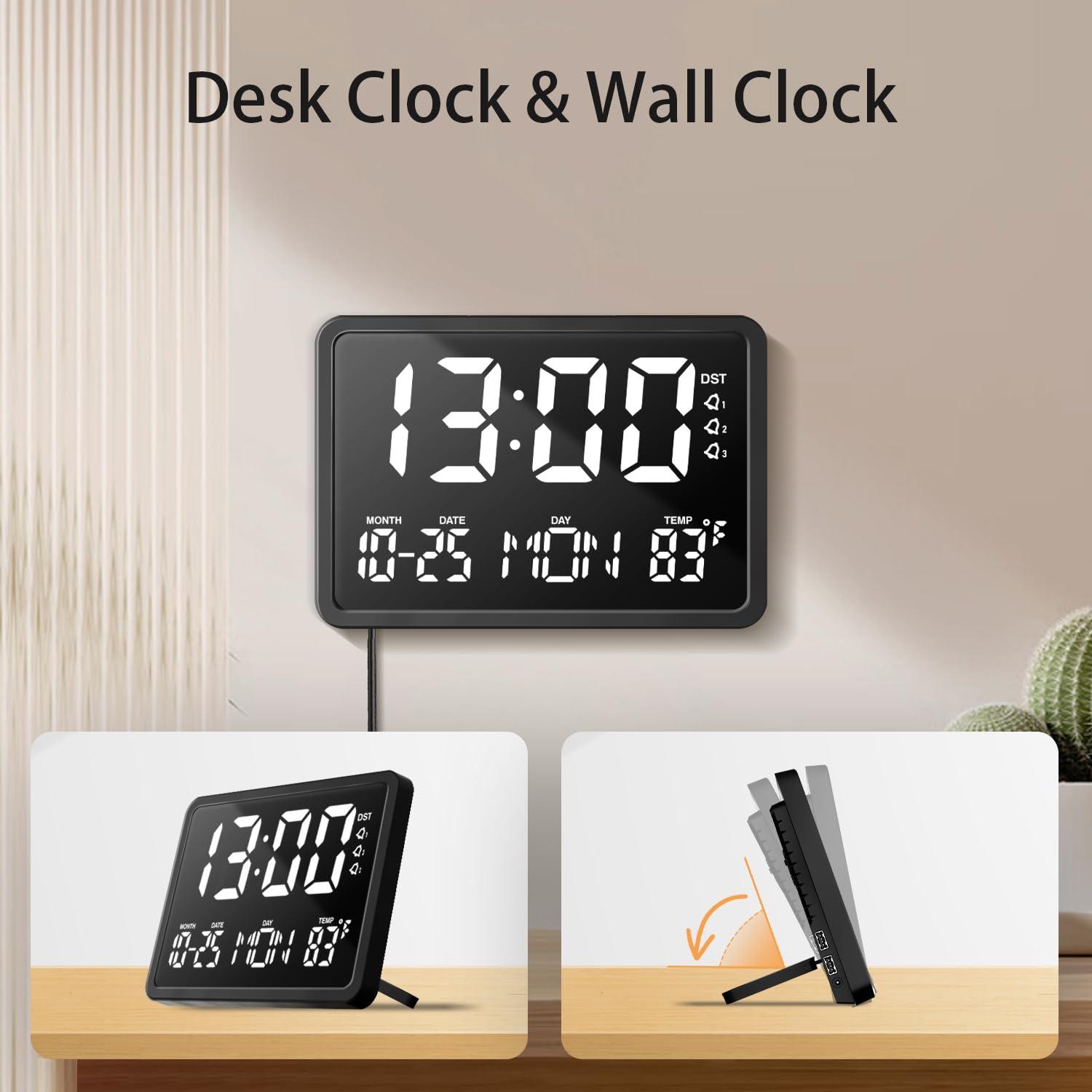 JALL 10.5" Digital Clock with Large Display, Calendar Day and Date, DST, Temperature, Dual Alarms, for Desk, Wall Mounted, Living Room, Bedroom, Gift for Elderly, Seniors, Dementia