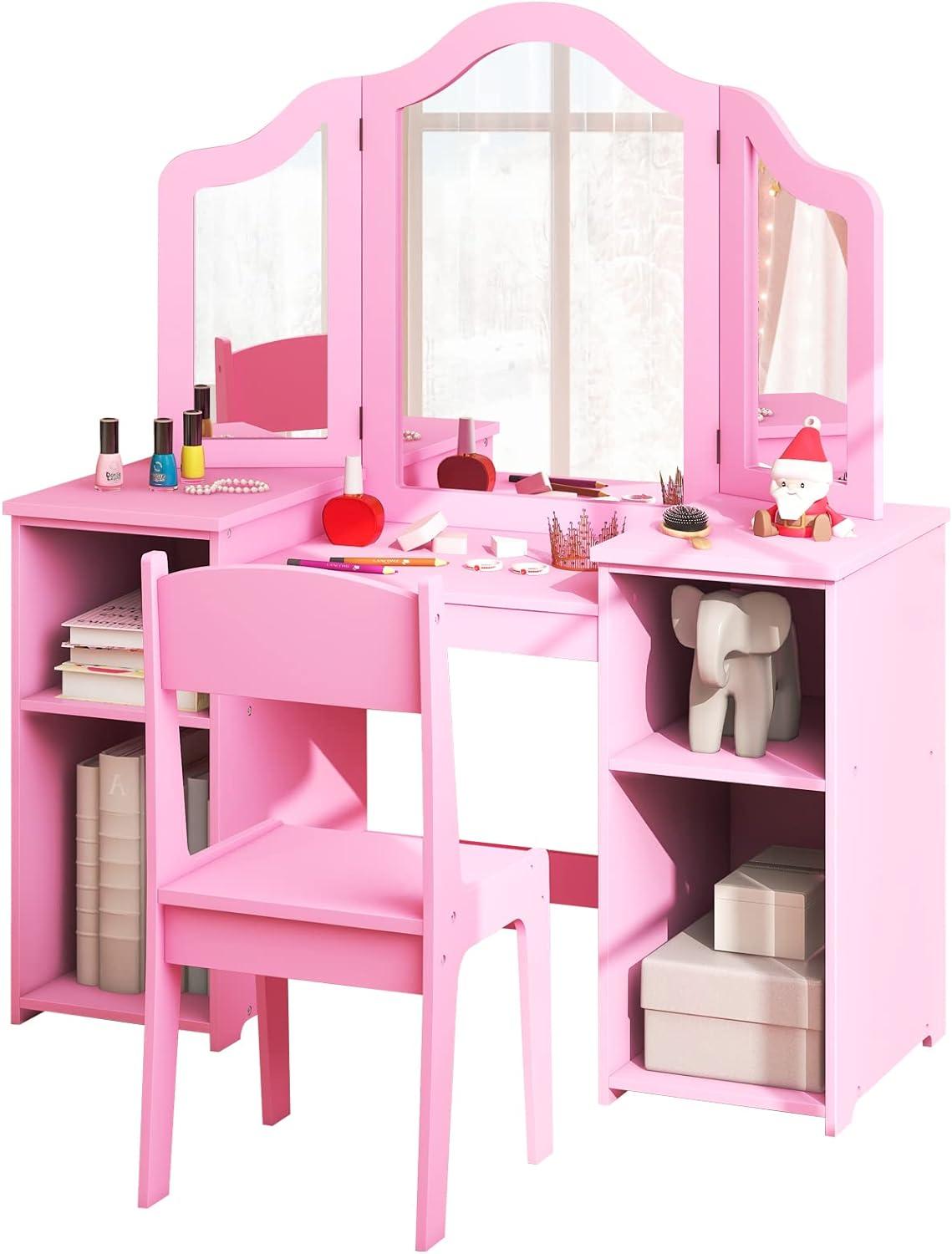 KORIMEFA Kids Vanity, Girls Vanity With touch Light Detachable Tri-Folding Mirror, Open Storage Shelves, Wood Makeup Playset with Chair, Princess Vanity Table for Toddlers, Pink