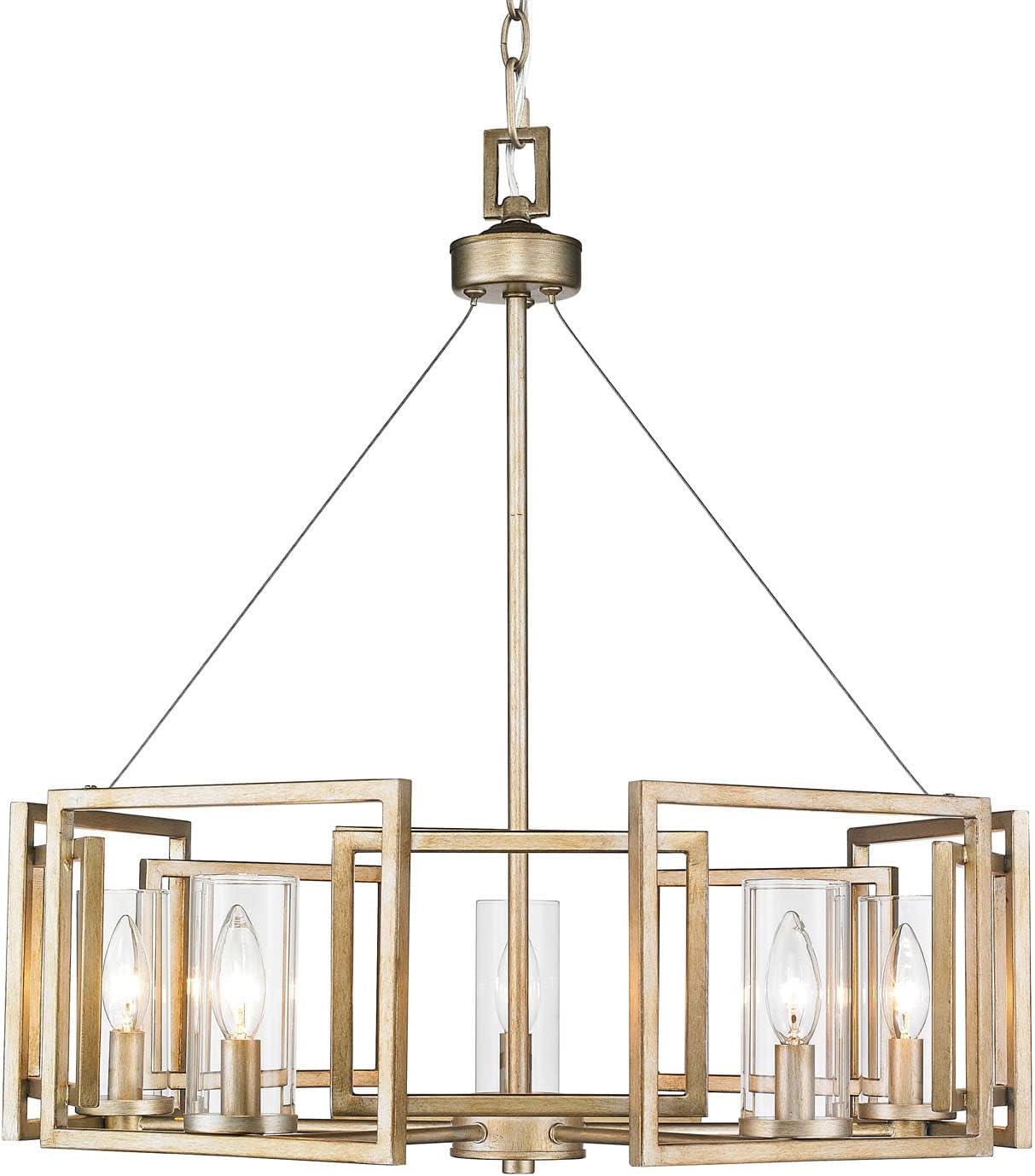 Elegant White Gold 5-Light Chandelier with Clear Glass Cylinders