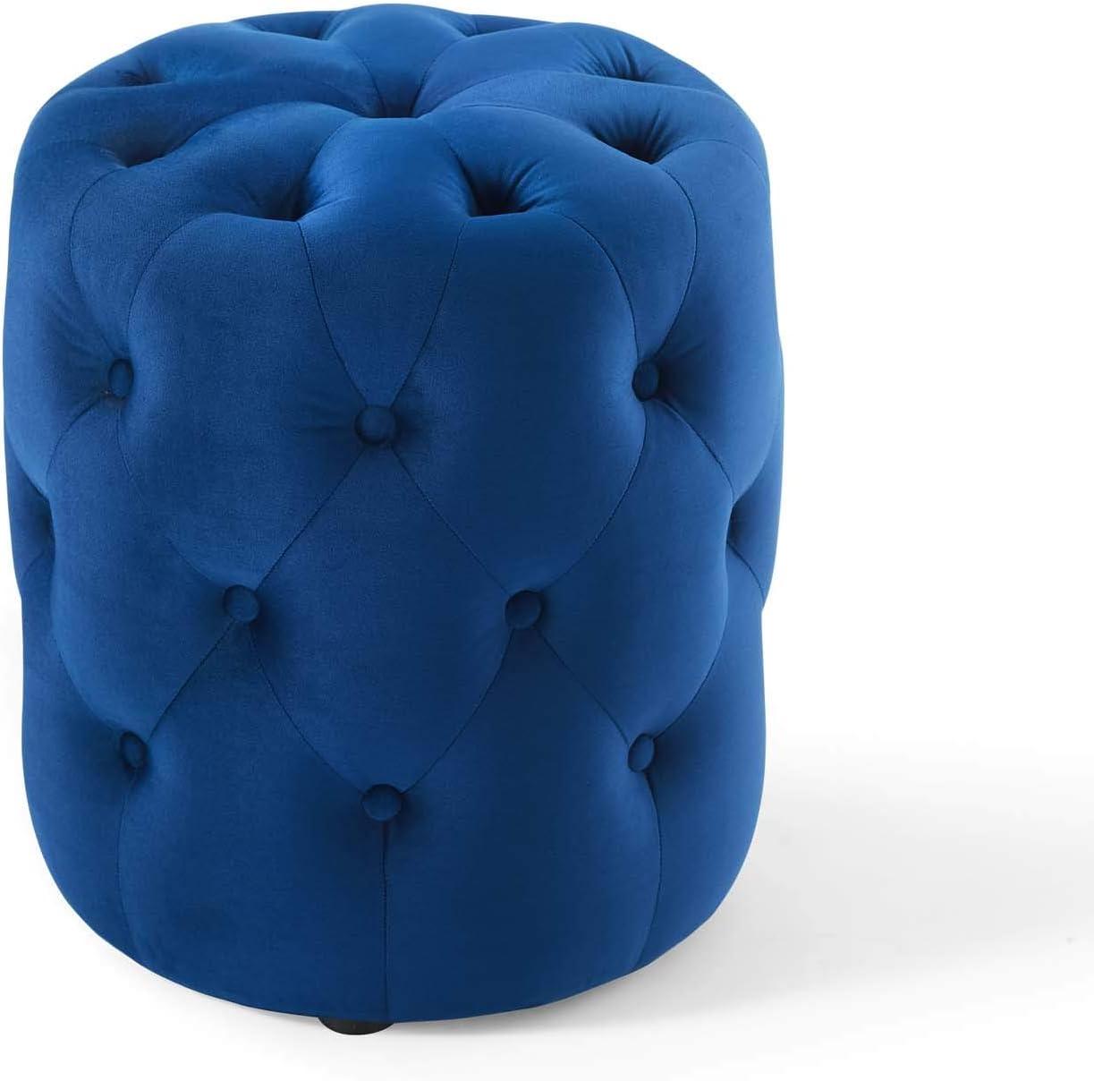 Amour Navy Blue Tufted Velvet Round Pouf Ottoman