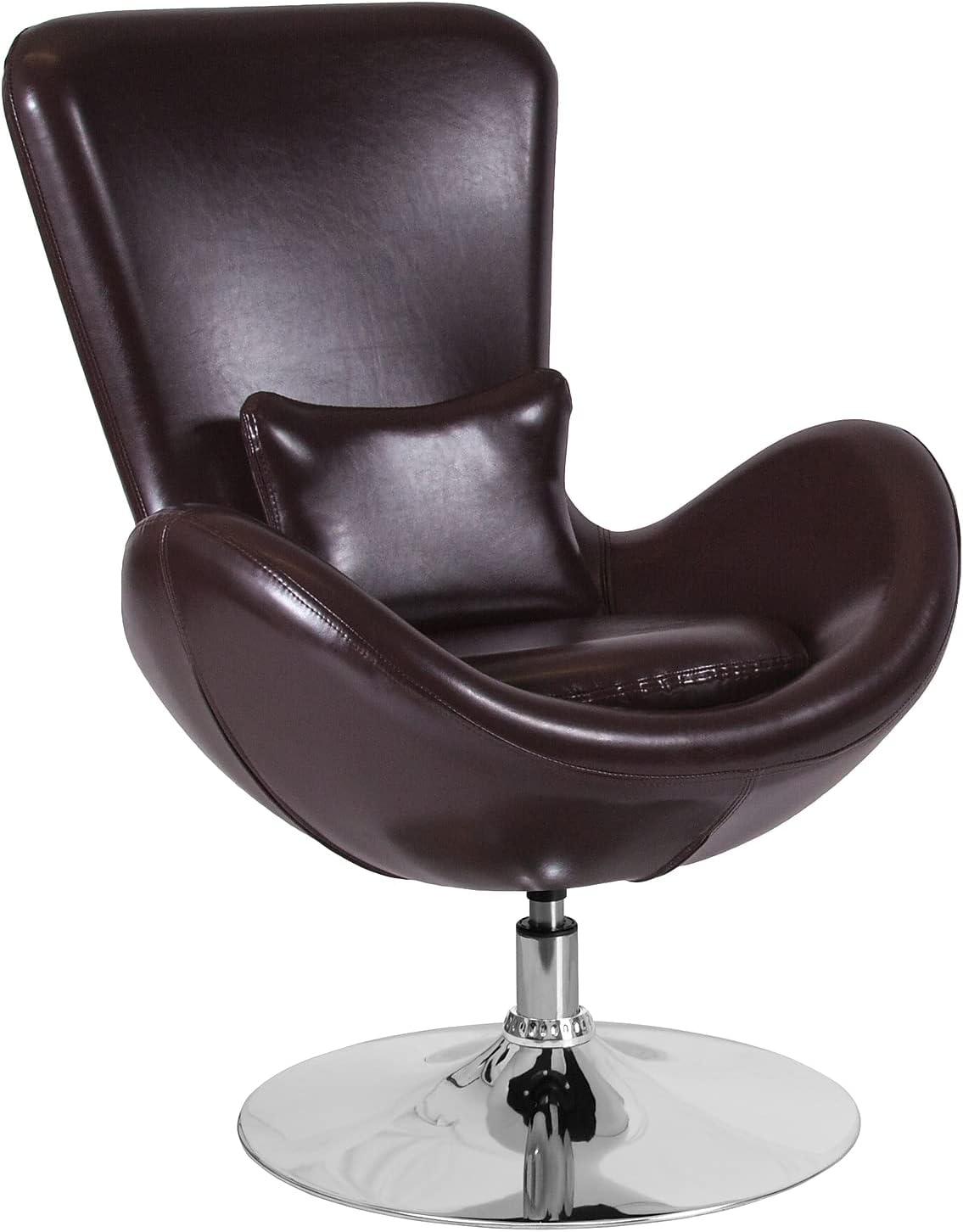 High Back Brown LeatherSoft Swivel Lounge Chair with Chrome Base