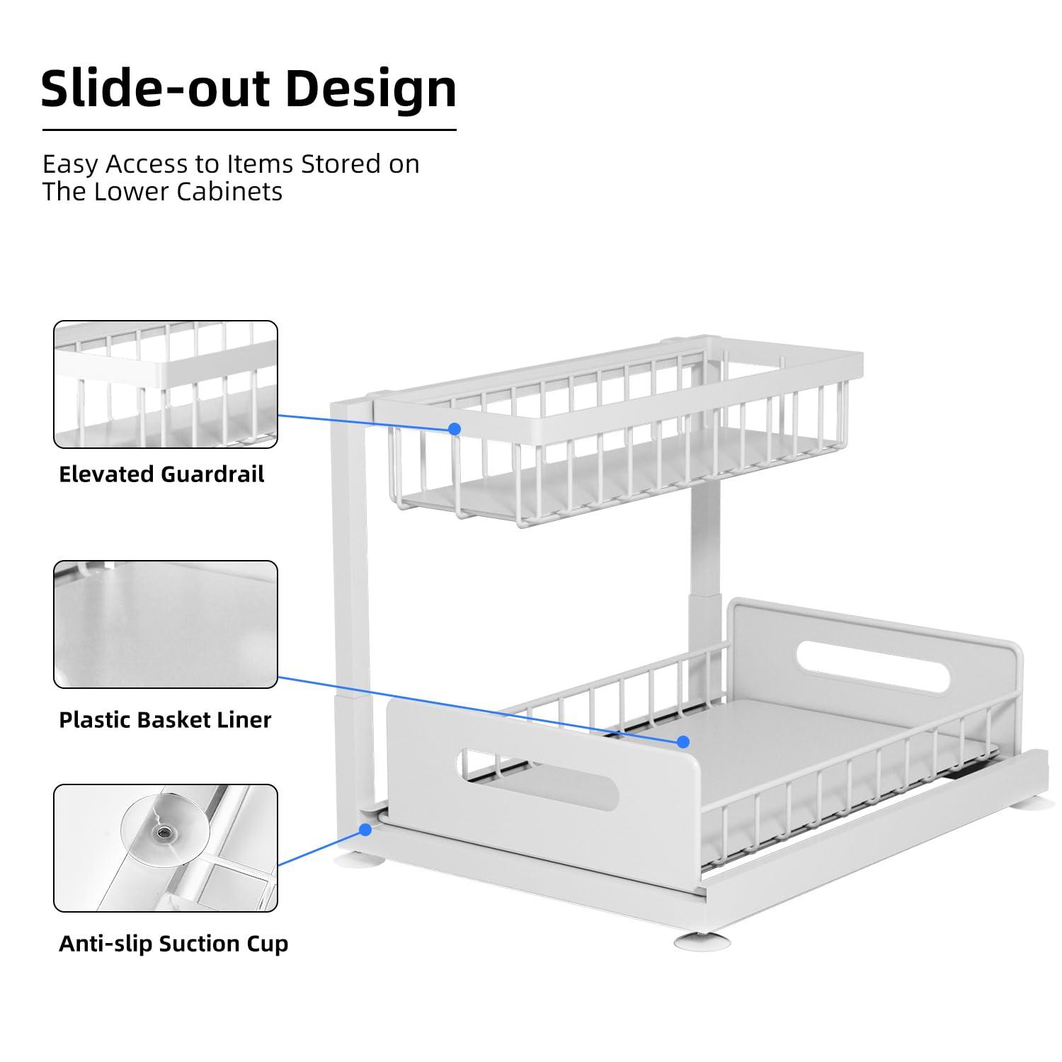 2-Tier Under Sink Slide Out Organizer, Pull Out Cabinet Storage Shelf with Sliding Wire Basket Drawer for Bathroom Kitchen, Countertop or Pantry Shelf, White