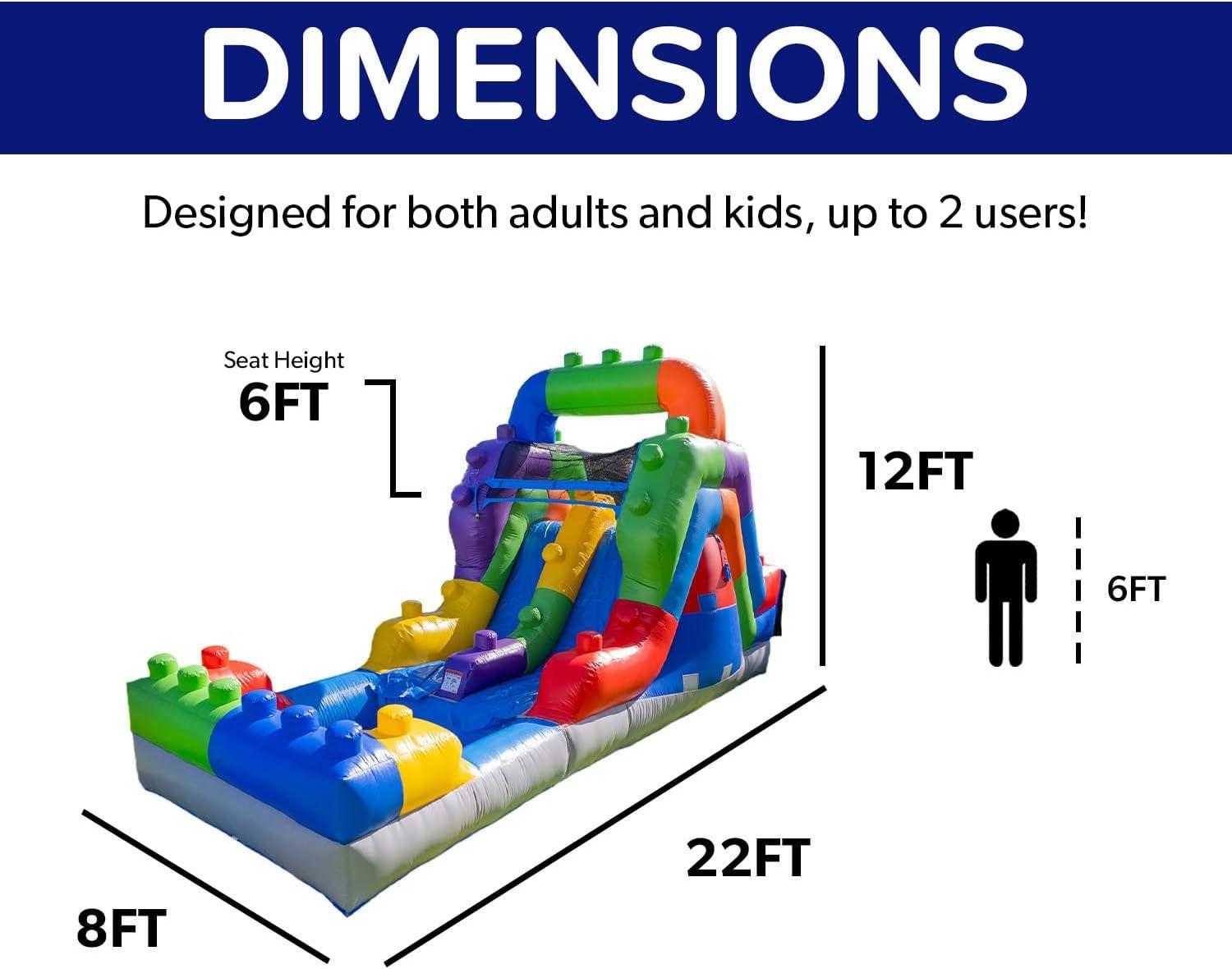 Herokiddo Block Party 12’ Tall Dual Lane Backload Inflatable Water Slide With Attached Pool, For Kids And Adults, Commercial Grade Pvc Vinyl, Outdoor Backyard Fun, Blow Up Water Park, (blower Included)