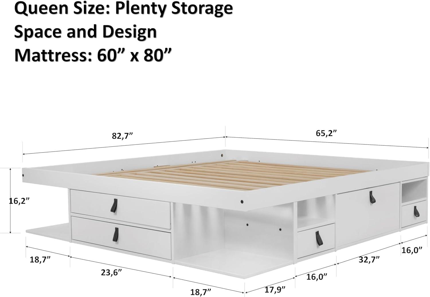 Memomad Bali Storage Platform Sturdy Bed Frame with Drawers & More (Queen Size, White Wood)