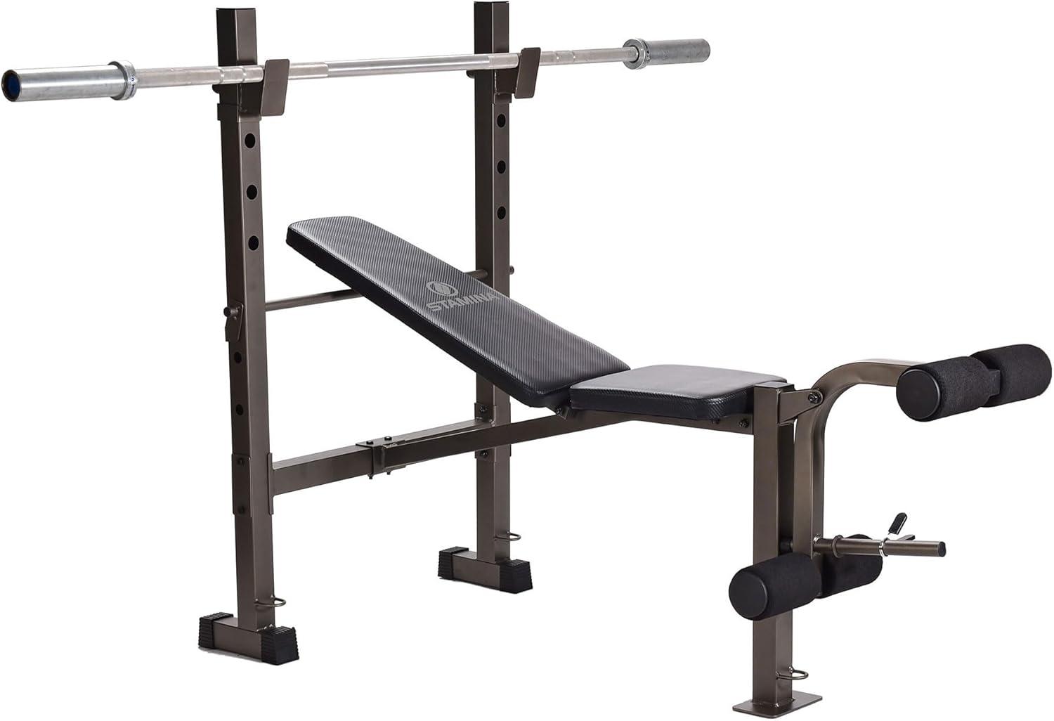 Stamina Adjustable Steel Weights Bench and Barbell Rack Combo Set with Resistance Band Anchor Points for Home Gym Workout or Exercise Equipment, Black