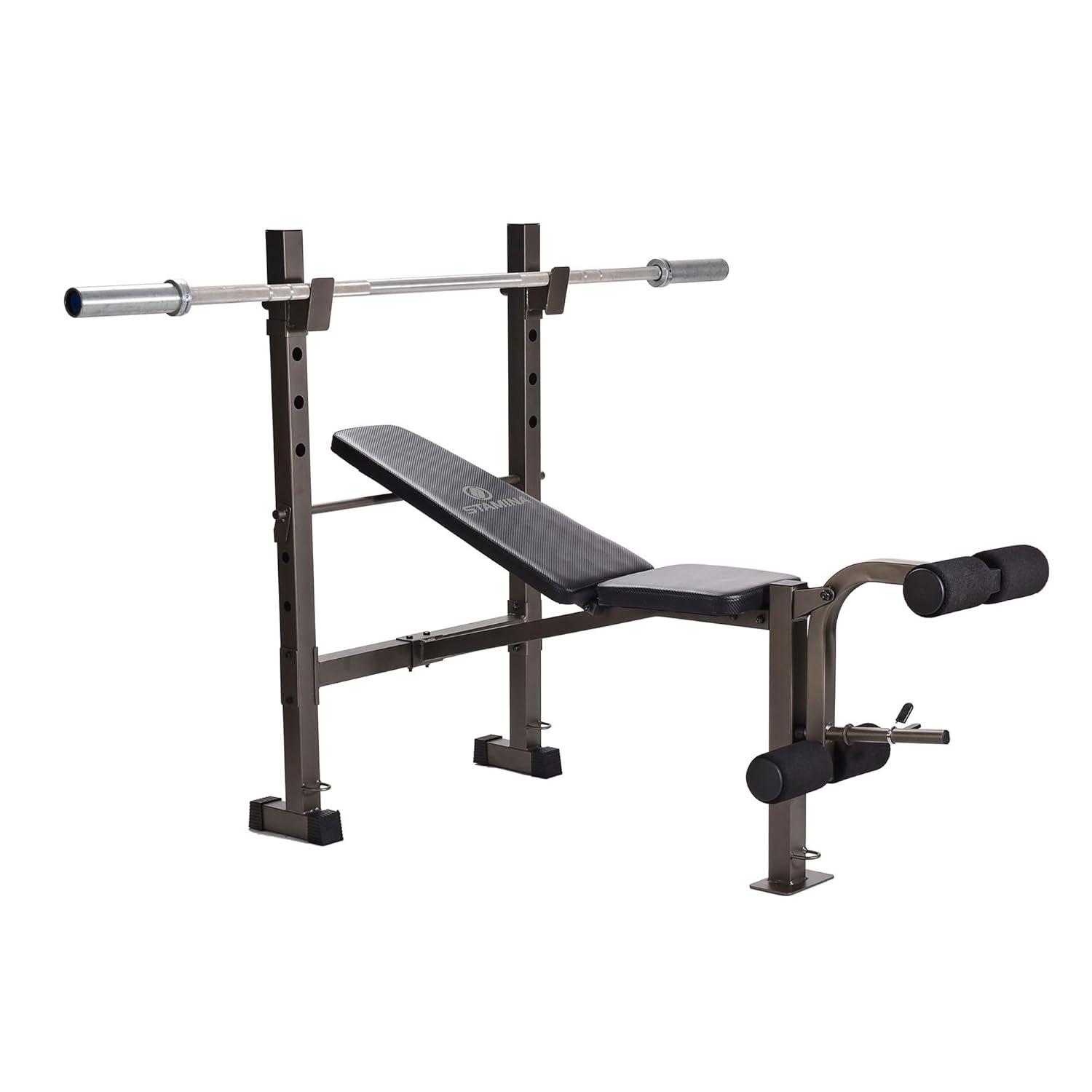 Stamina Adjustable Steel Weights Bench and Barbell Rack Combo Set with Resistance Band Anchor Points for Home Gym Workout or Exercise Equipment, Black