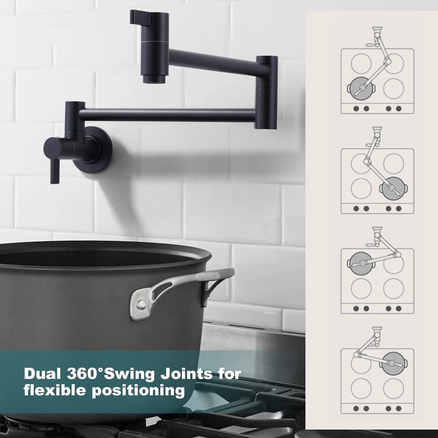 Matte Black Brass Wall-Mounted Pot Filler Faucet with Dual Handles