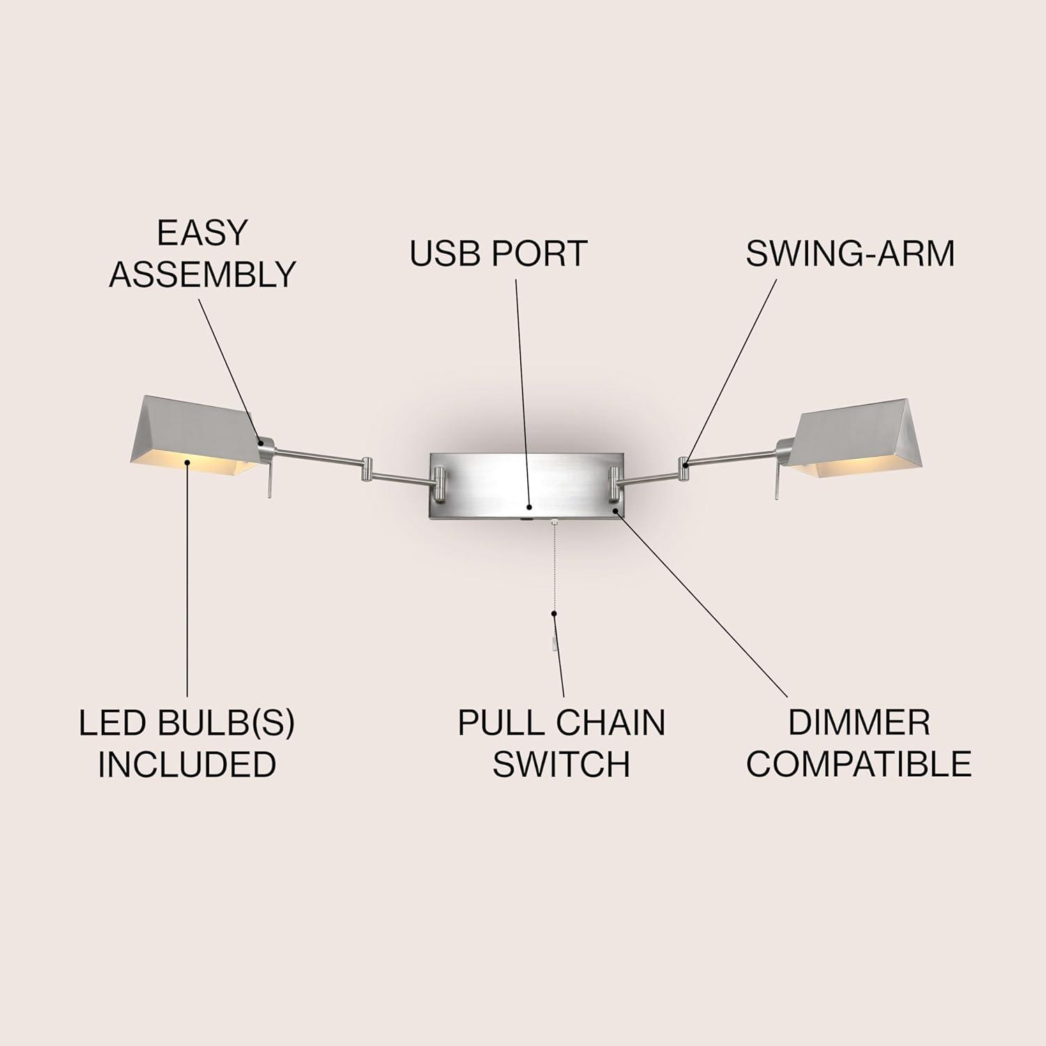 White Iron Double Swing Arm Wall Sconce with USB Port