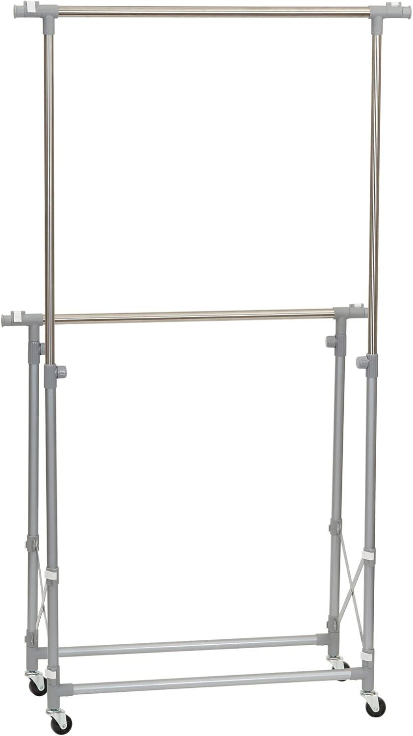 Adjustable Silver Double Garment Rack with Wheels