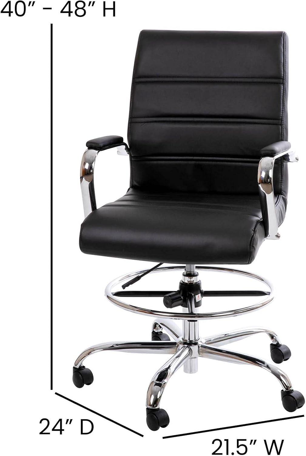 Mid-Back Black Leather Swivel Drafting Chair with Silver Frame