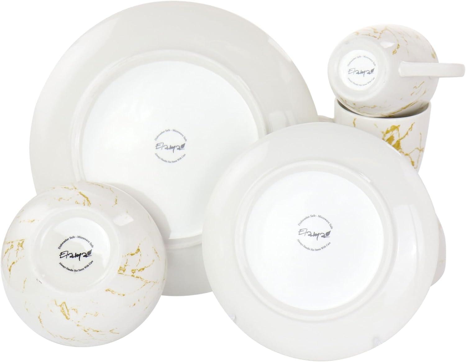 White and Gold Marble Ceramic Dinnerware Set, Service for 4