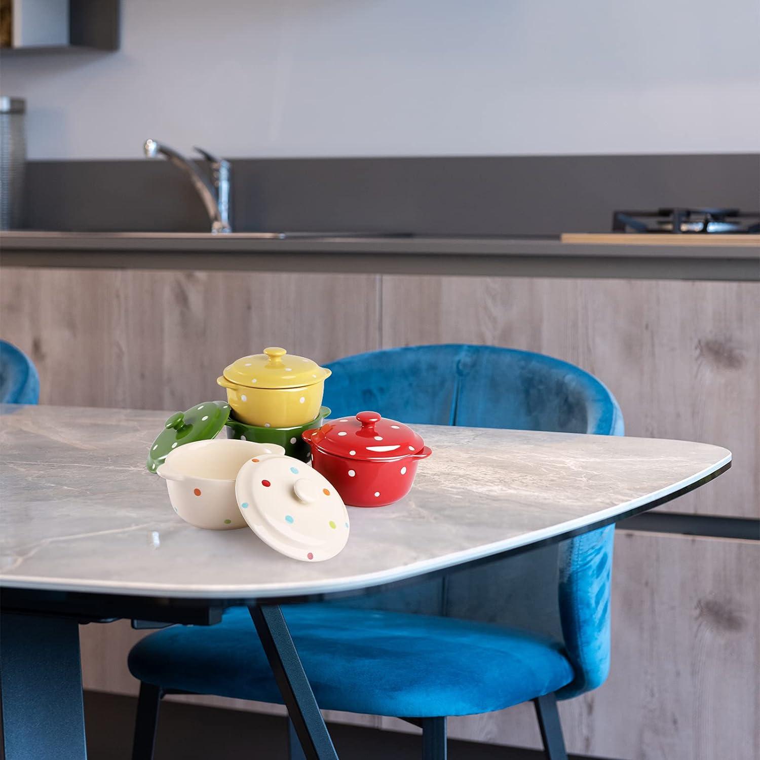 AVLA 4 Pack Porcelain Ramekins, 9 OZ Mini Casserole Bowl with Lid and Handle, Ceramic Souffle Soup Creme Brulee Bowls, Oven Safe, Mini Casserole Dish (Polka Dot, Assorted Color)