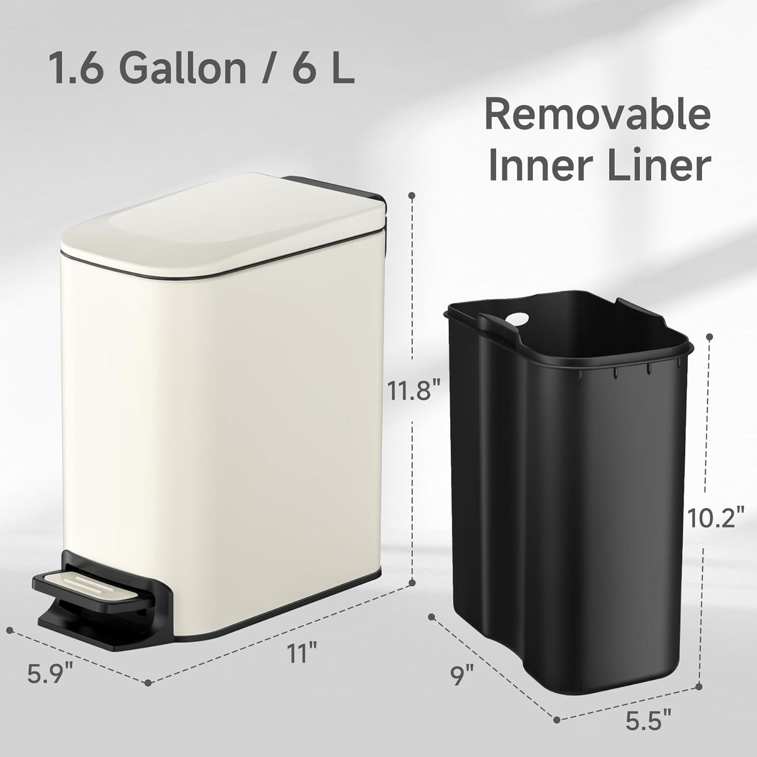 Cream Stainless Steel Soft Close Slim Trash Can, 1.6 Gallon