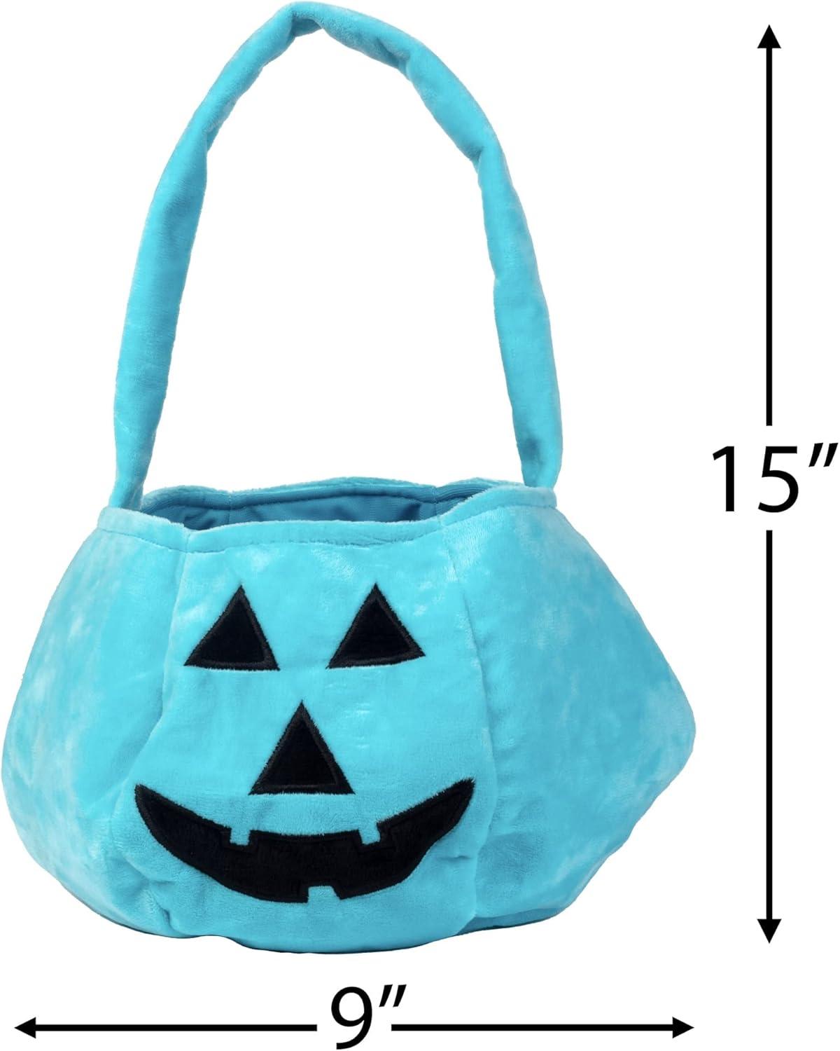 Halloween Trick or Treat Bucket - Teal Pumpkin Allergy Friendly Soft Treat Bag Tote - Reusable 8 x 8 Kids Light Blue Jack O Lantern Felt Fabric Pail for Treats, Costume, and Decorations