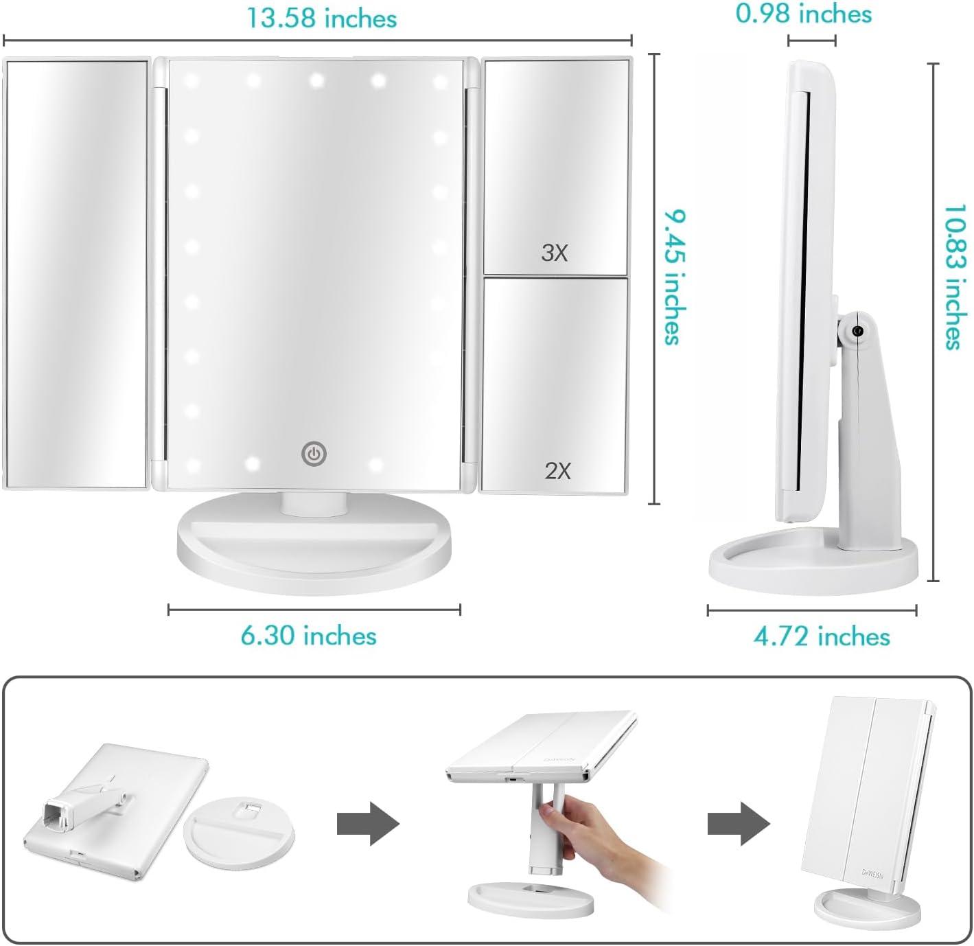 deweisn Floor Mount Tri-Fold Lighted Vanity Mirror with 21 LED Lights, Touch Screen and 3X/2X/1X Magnification, Two Power Supply Modes Make Up Mirror,Travel Mirror