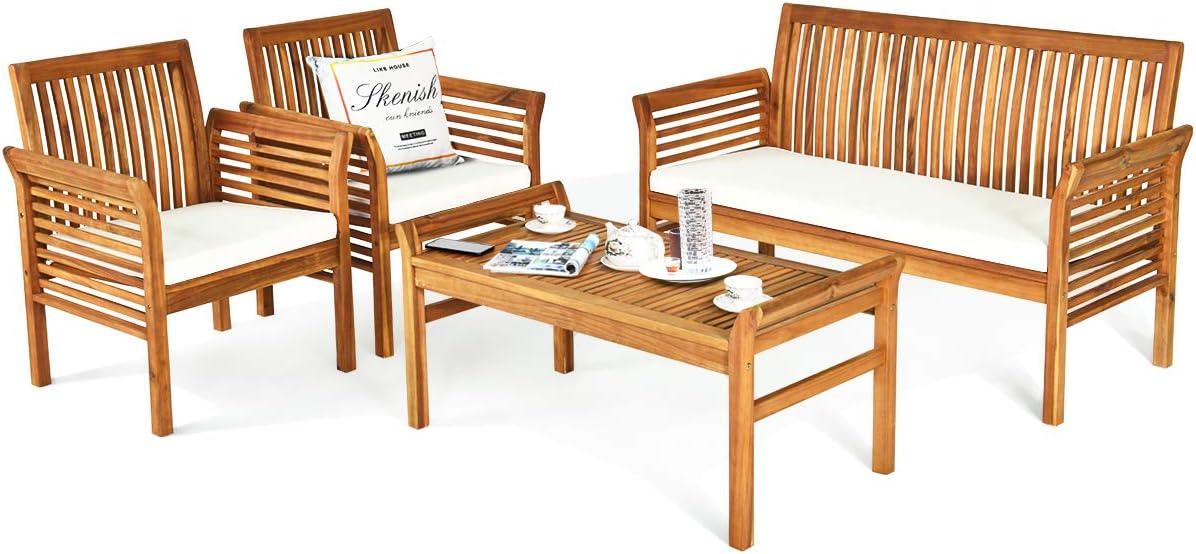 4 PCS Outdoor Wood Sofa Set Padded Patio Conversation Table Chair Set