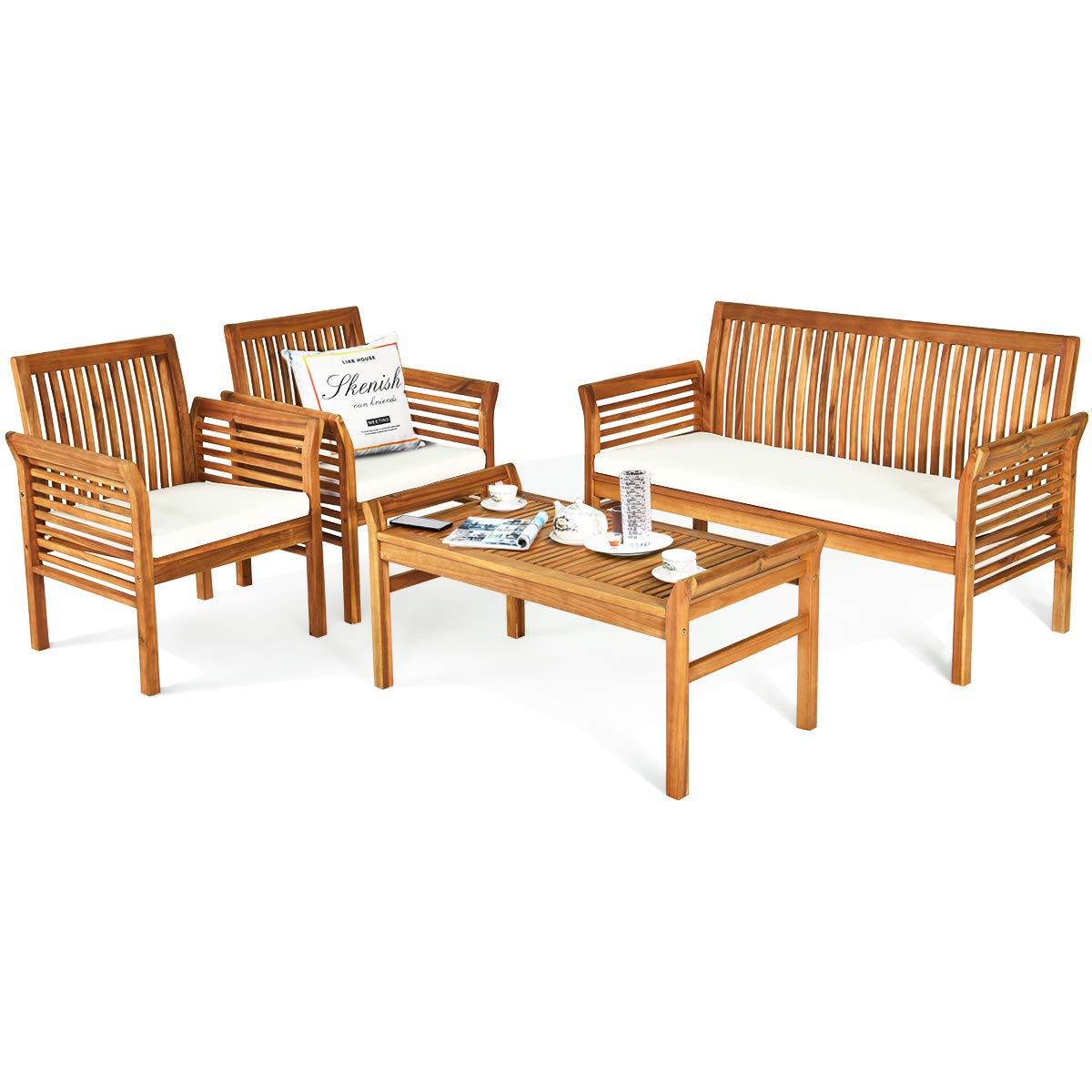 4 PCS Outdoor Wood Sofa Set Padded Patio Conversation Table Chair Set