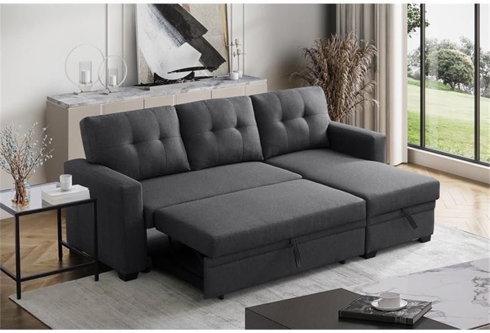 Devion Furniture Polyester Fabric Reversible Sleeper Sectional Sofa in Dark Gray