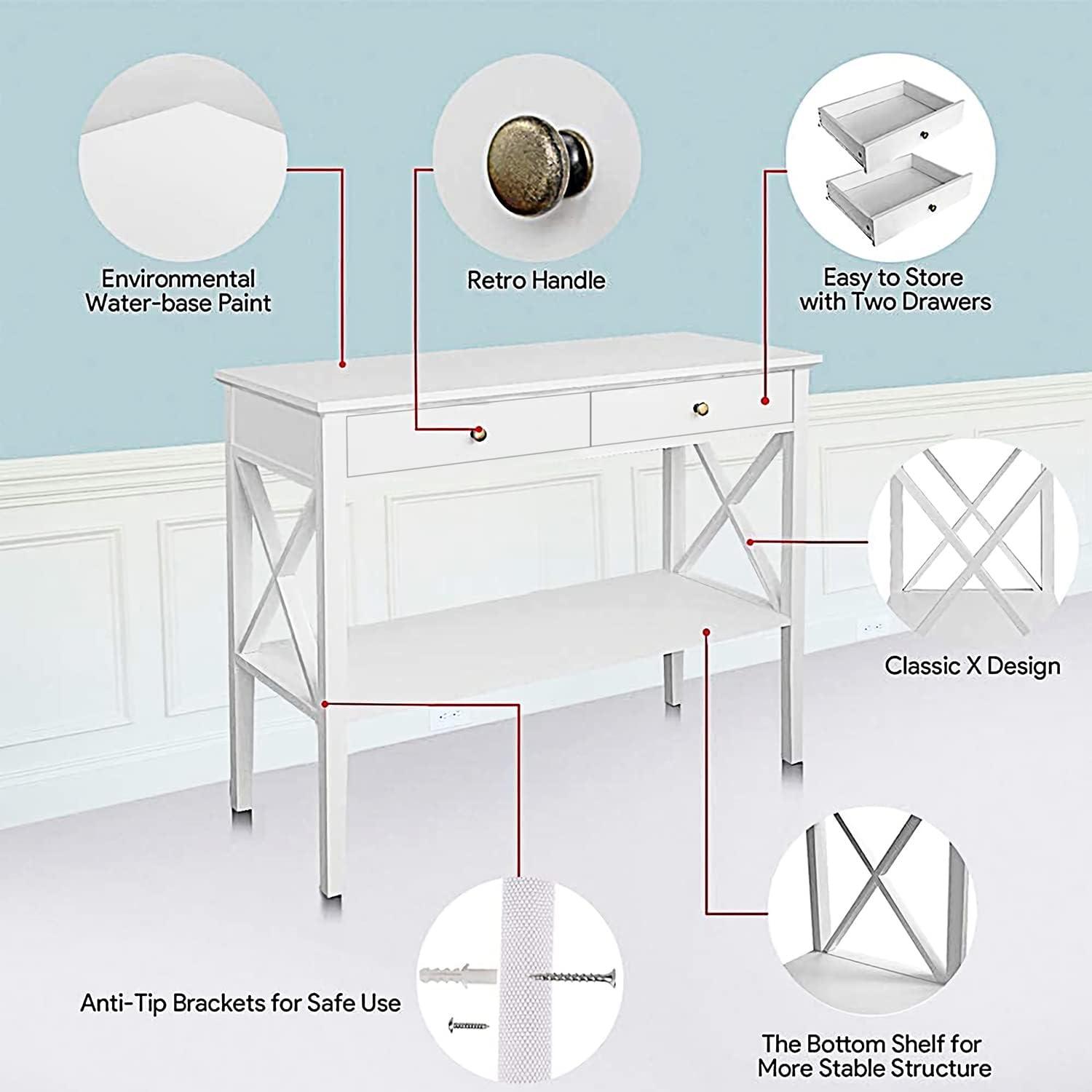 White and Dark Brown Rectangular Console Table with Drawers and Shelf