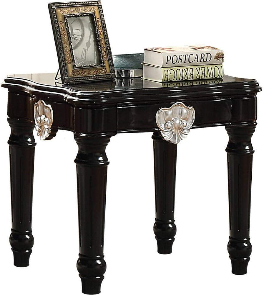 Wooden End Table With Contrast Carved Motif Turned Legs Black - Saltoro Sherpi