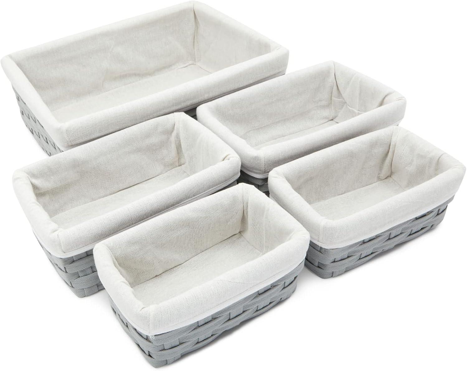 5 Pack Wicker Nesting Baskets with Cloth Lining for Pantry Shelves, Rectangular Storage Bins for Organizing Closet (Brown, 3 Sizes)