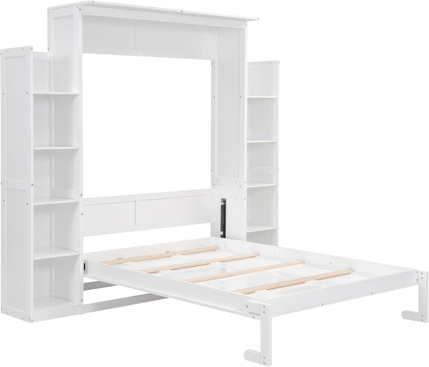 White Full Murphy Bed with Shelves and LED Lights